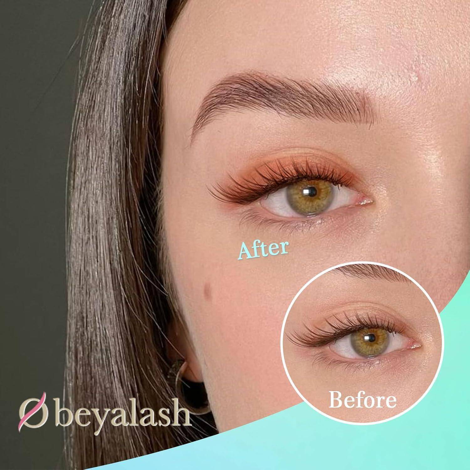 Nahaufnahme des Auges einer Frau mit Ergebnissen der Wimpernverlängerung, gekennzeichnet mit „Nachher