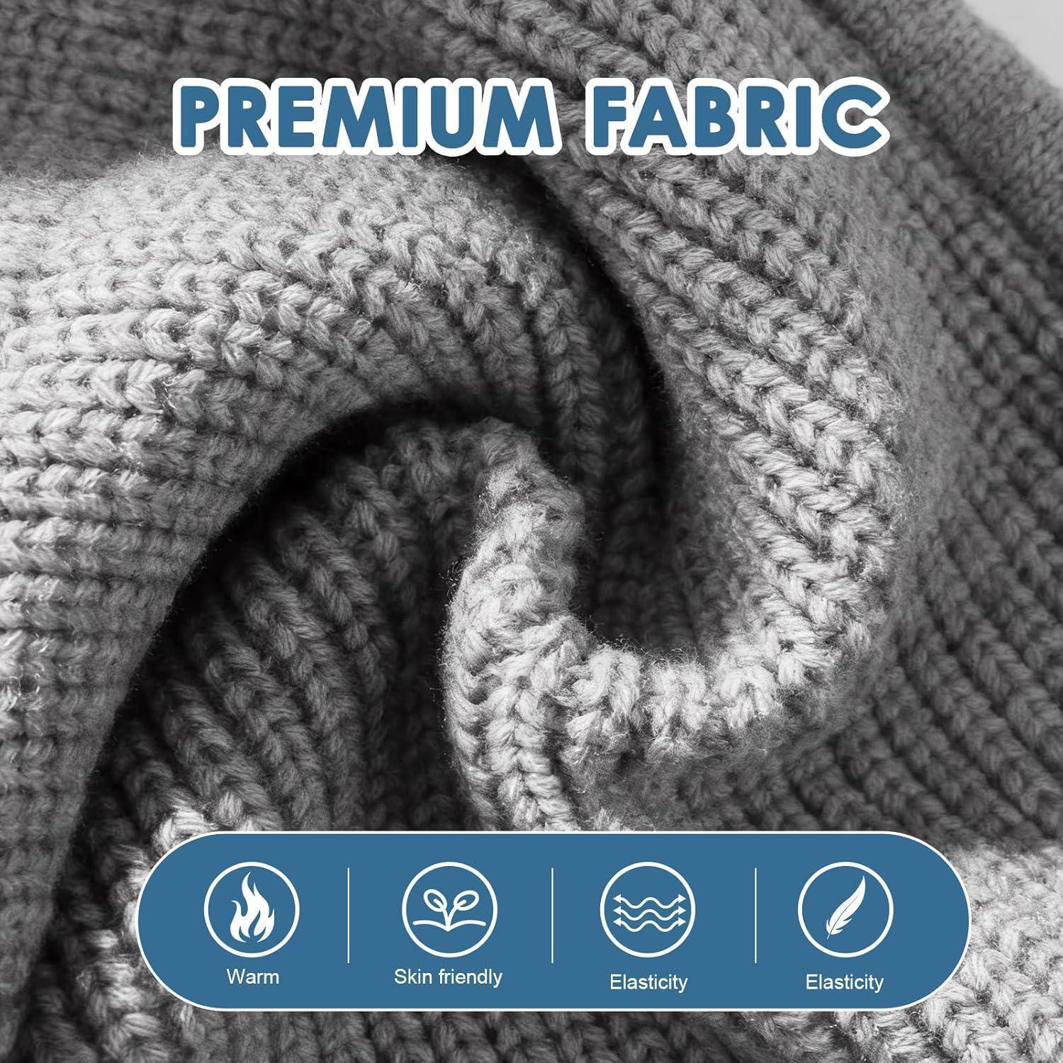 Nahaufnahme von grauem Strickstoff mit dem Text „PREMIUM FABRIC