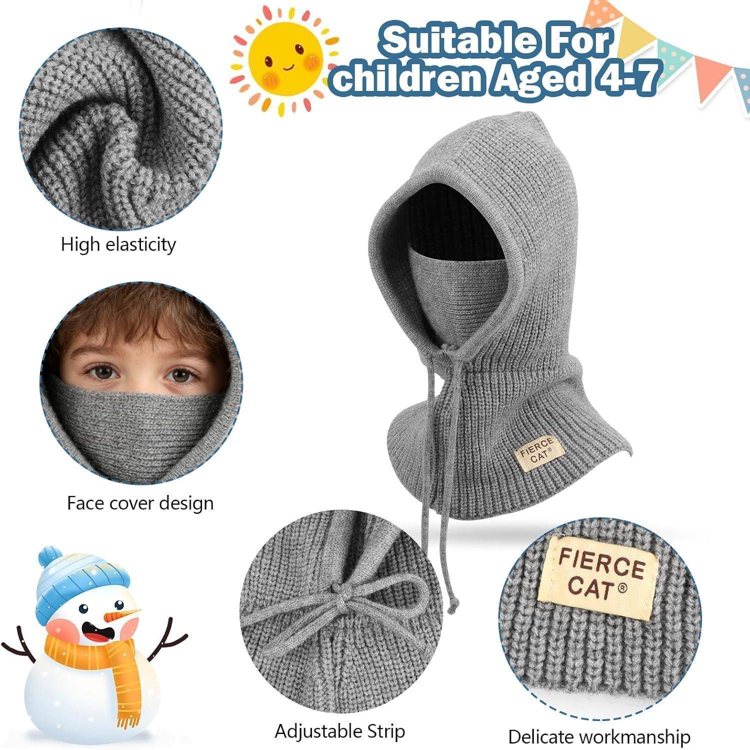 Produktbild einer grauen gestrickten Kinder-Kapuzenbalaclava, gekennzeichnet als geeignet für Alter 4-7, zeigt hohe Elastizität, Gesichtsschutzdesign, verstellbaren Riemen und feine Verarbeitung.