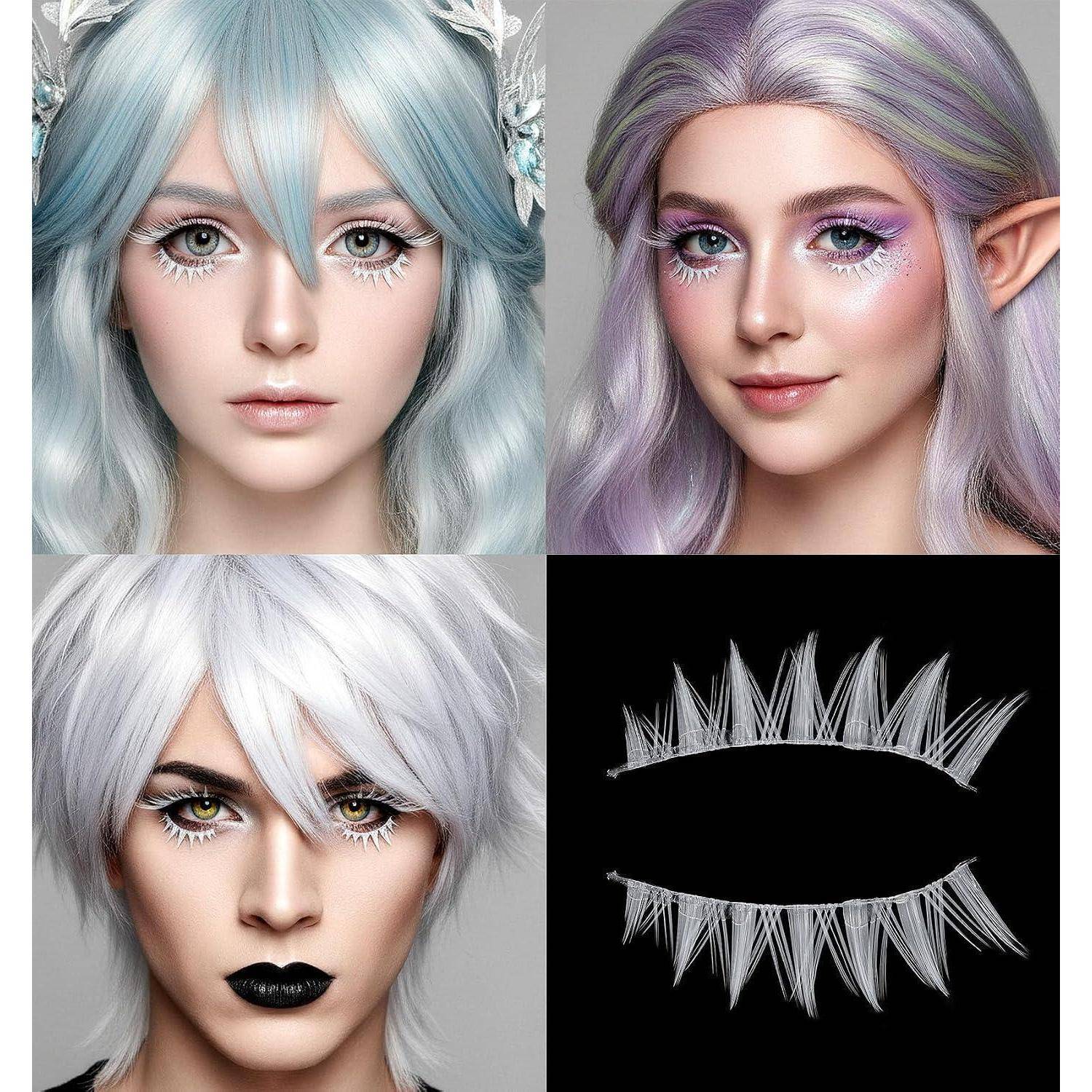 Vierteiliges Collage mit Fantasy-Elf-inspirierten Make-up- und Frisuren-Looks sowie ein Wimpern-Design-Diagramm mit schwarzem Hintergrund mit stacheligen oberen und unteren künstlichen Wimpern.
