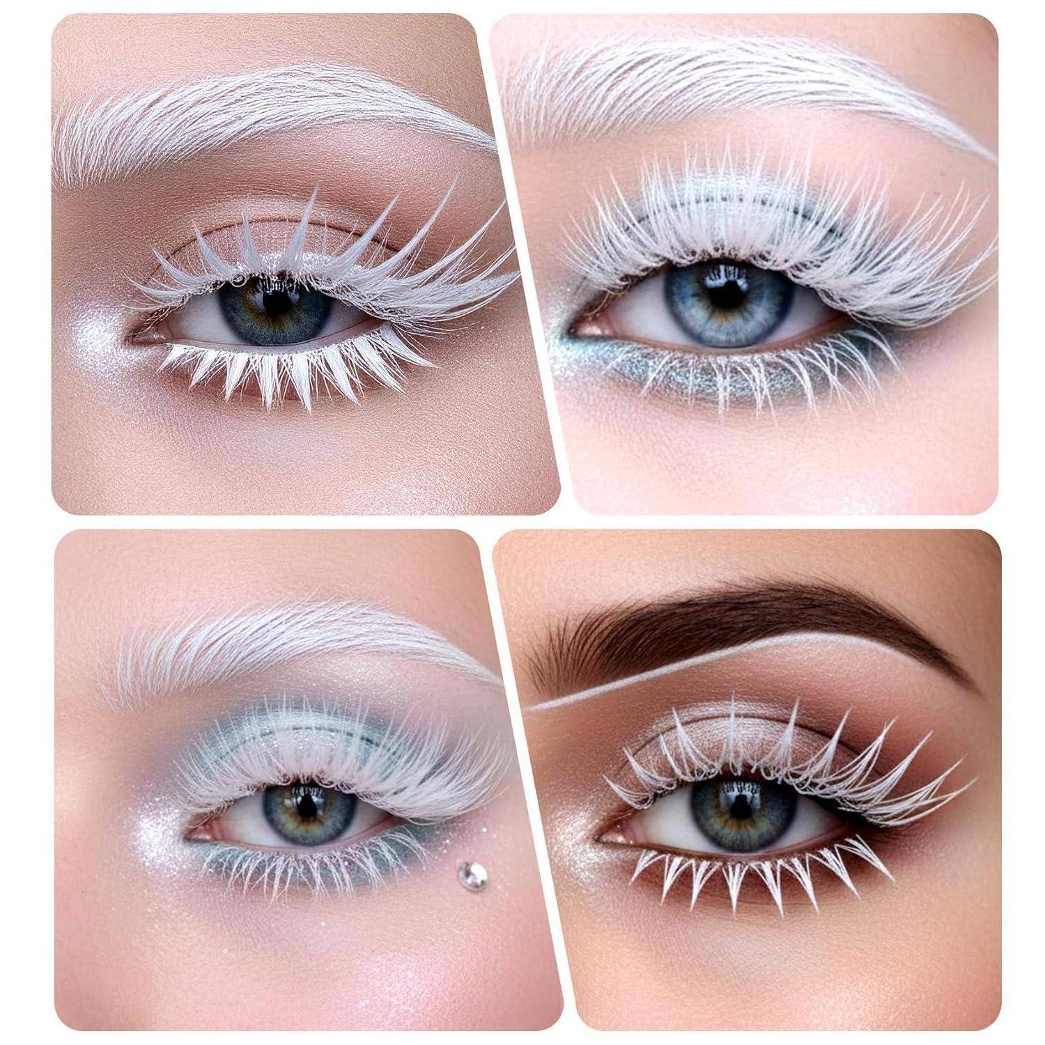 Vier nahaufnahmen von Augenmake-up-Looks mit weißen federartigen Wimpern und Augenbrauen auf verschiedenen Augenfarben und Hauttönen.