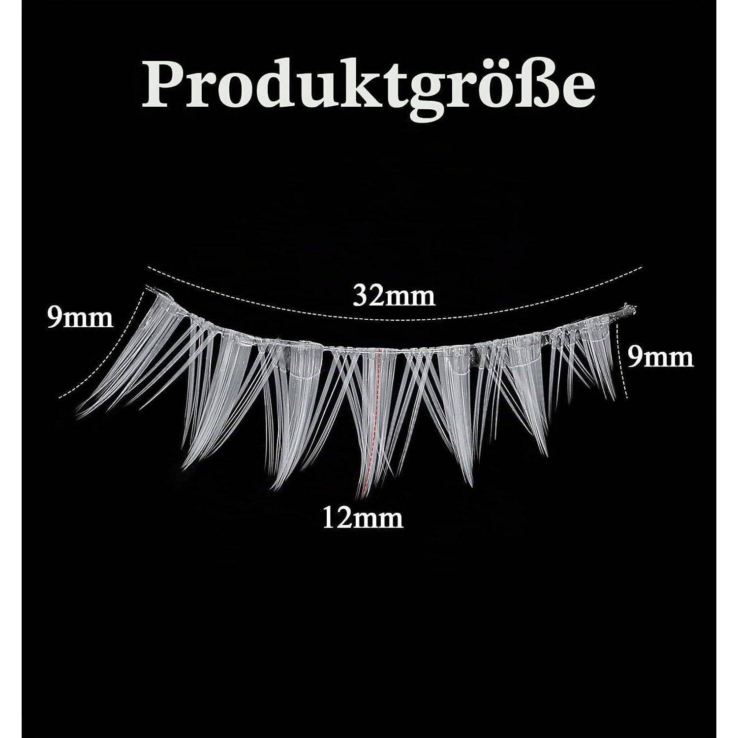 Schwarze Produktgrafik zeigt einen künstlichen Wimpernstreifen mit der Bezeichnung 'Produktgröße' mit den Abmessungen 32 mm breit, 12 mm lang und 9 mm an den Enden.