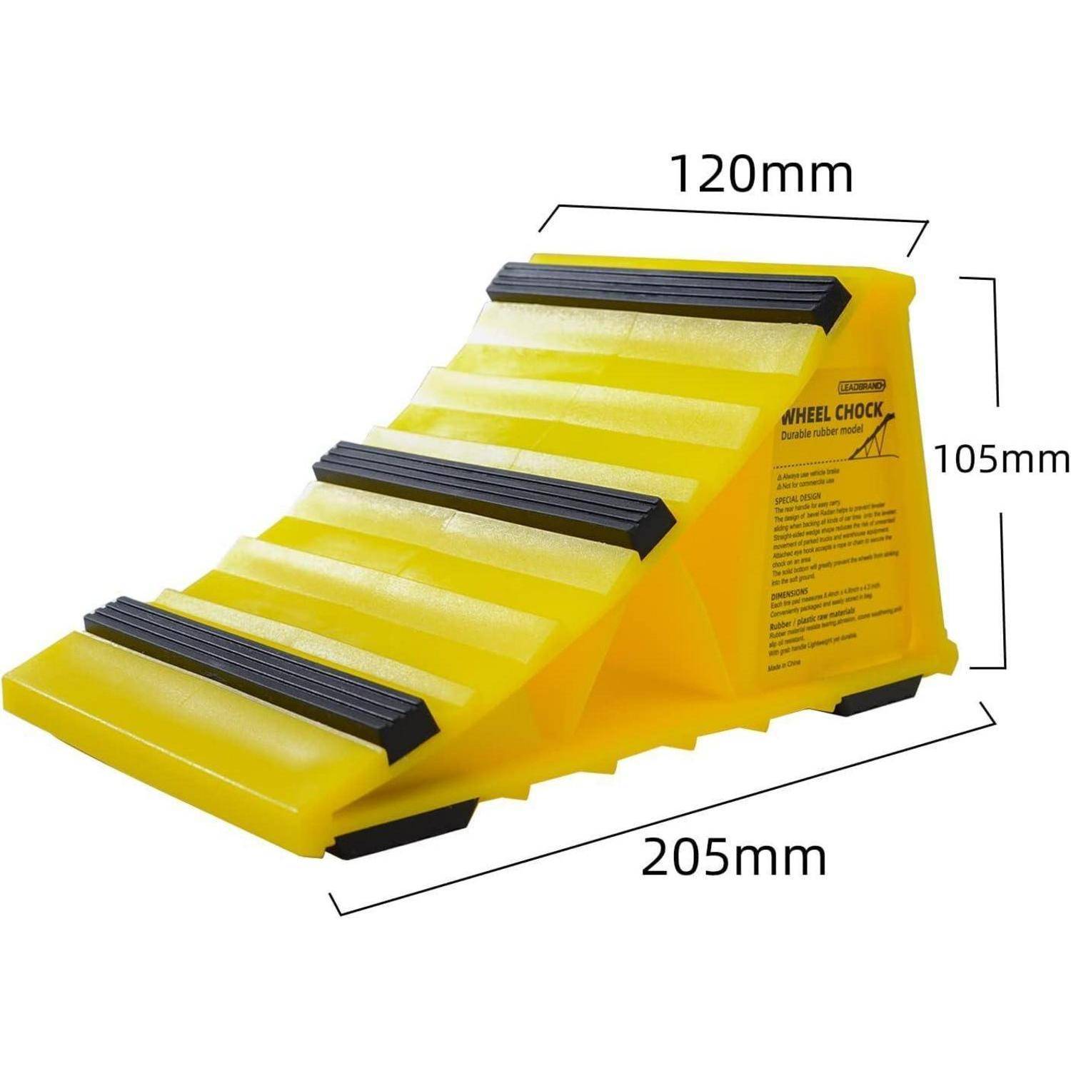 Gelbes Radkeil mit schwarzen Griffleisten, mit Abmessungen von 205 mm Länge, 120 mm Breite und 105 mm Höhe dargestellt.