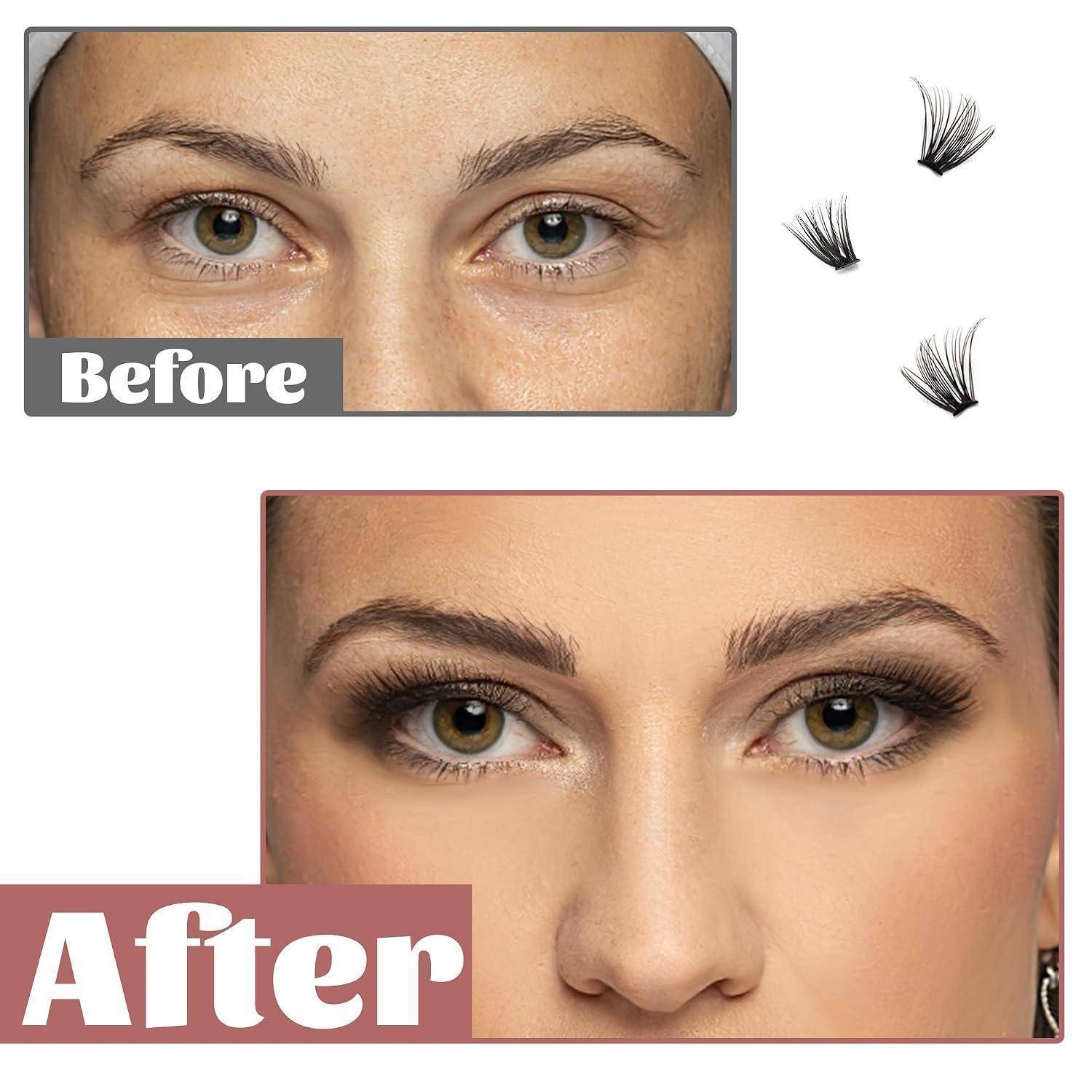 Vorher-und-Nachher-Nahaufnahme der Augen, die in der Nachher-Aufnahme hinzugefügte künstliche Wimpern zeigt, mit kleinen Wimpern-Symbolen, die die kosmetische Verbesserung andeuten.