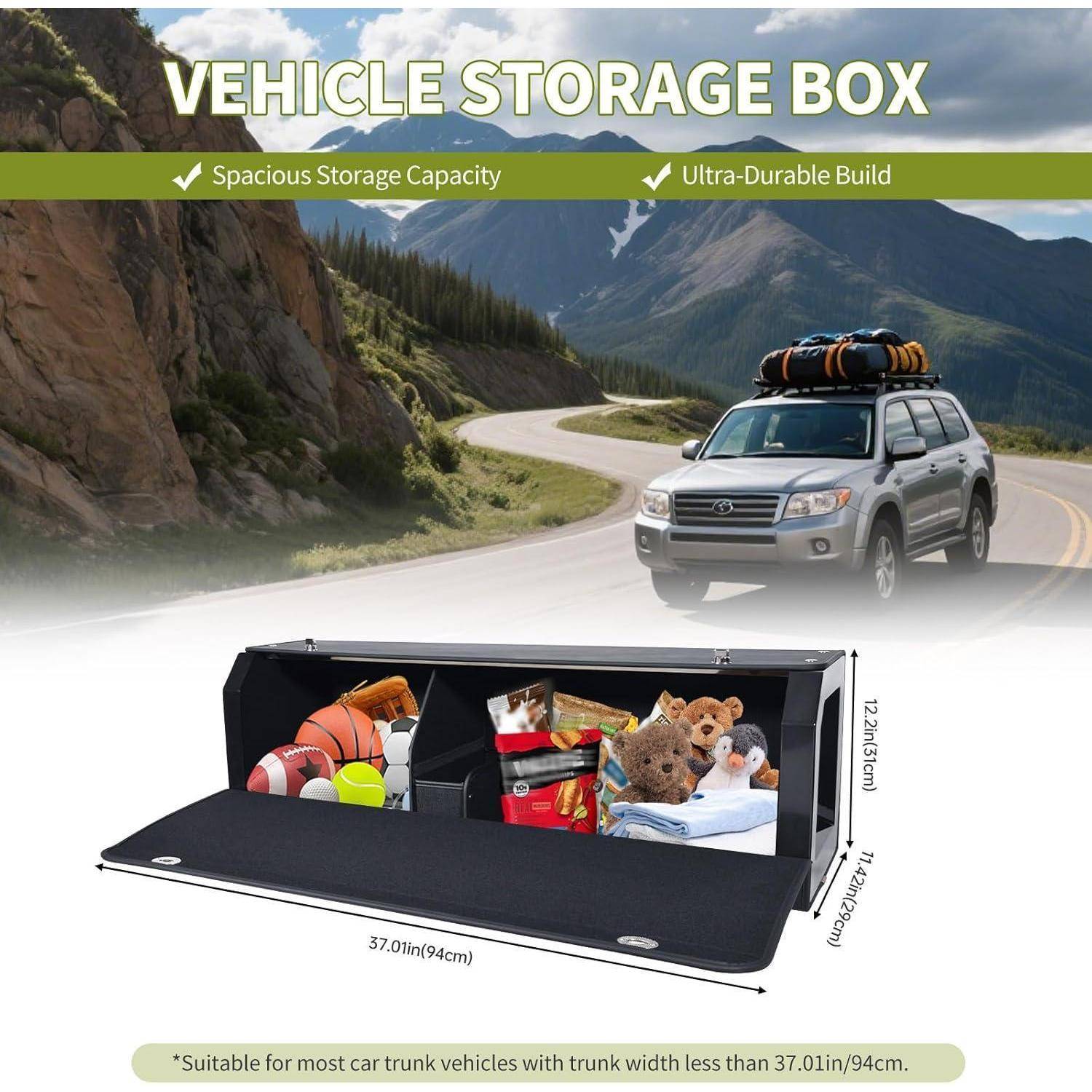 Werbebild für eine Fahrzeugaufbewahrungsbox mit einem Auto mit Dachladung und einer offenen Kofferorganizer-Box mit Fächern; der Text hebt geräumige Lagerung, robuste Konstruktion und 37,01 Zoll Breite hervor.