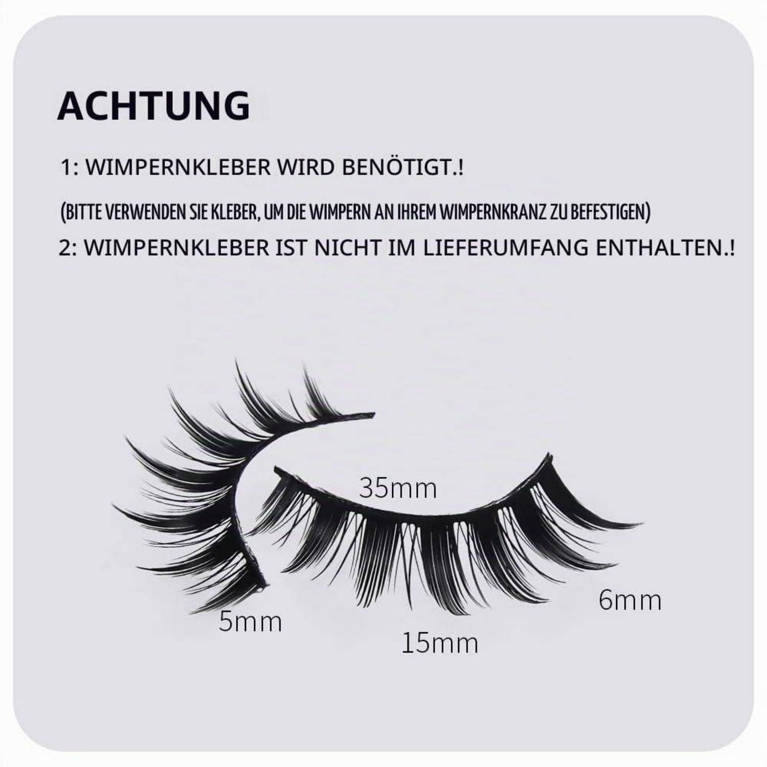 Deutschsprachige Warnung für künstliche Wimpern: Wimpernkleber erforderlich und nicht enthalten; Wimpernstreifen mit Größenbezeichnungen 35mm, 6mm, 15mm und 5mm dargestellt.