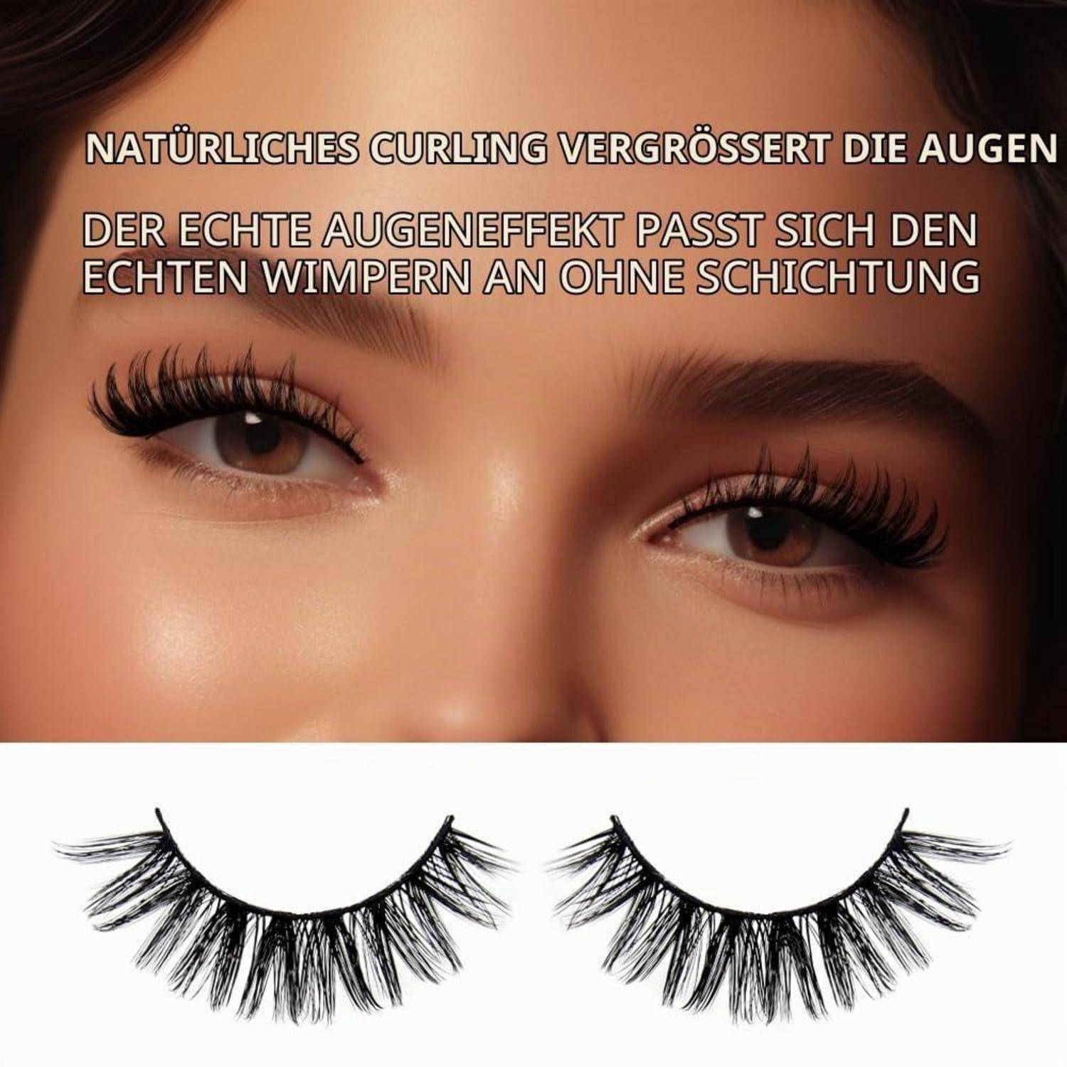 # Nahaufnahme von Augen mit langen gekrümmten Wimpern und deutschem Text, der einen natürlichen Lockeneffekt bewirbt; unten zeigt sich zwei Stile von künstlichen Wimpern auf weißem Hintergrund.
