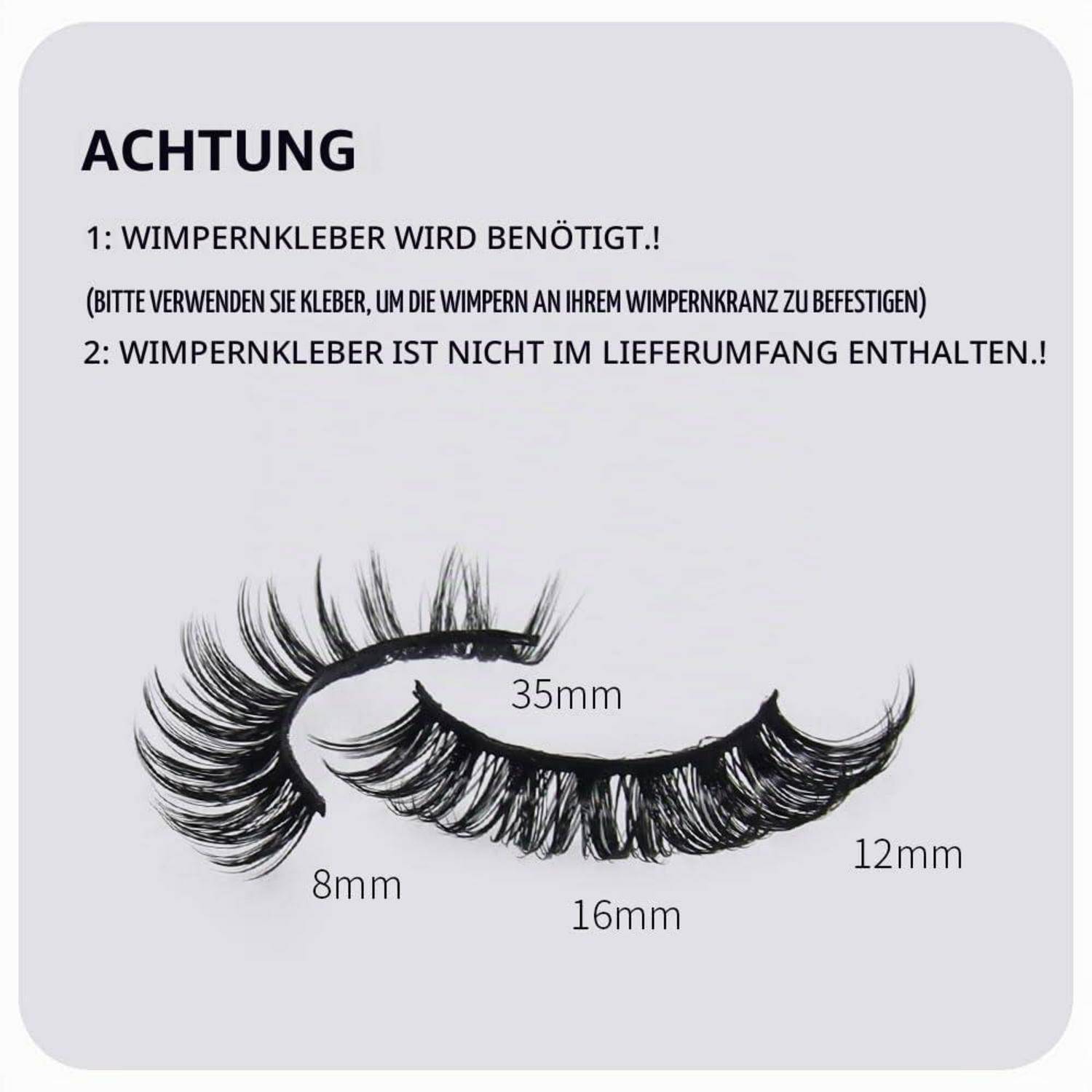 Warnung für falsche Wimpern: Wimpernkleber ist erforderlich und nicht im Lieferumfang enthalten; Das Bild zeigt Wimpern mit gekennzeichneten Längen von 35 mm, 12 mm, 16 mm und 8 mm.