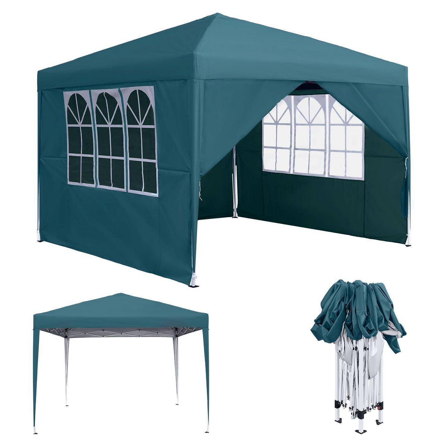 Dunkelblau-grünes Pop-up-Baldachindach, dargestellt zusammengeklappt mit Seitenpaneelen, plus eine kleinere offene Ansicht und ein gefaltetes Bündel des Zeltes auf der rechten Seite.