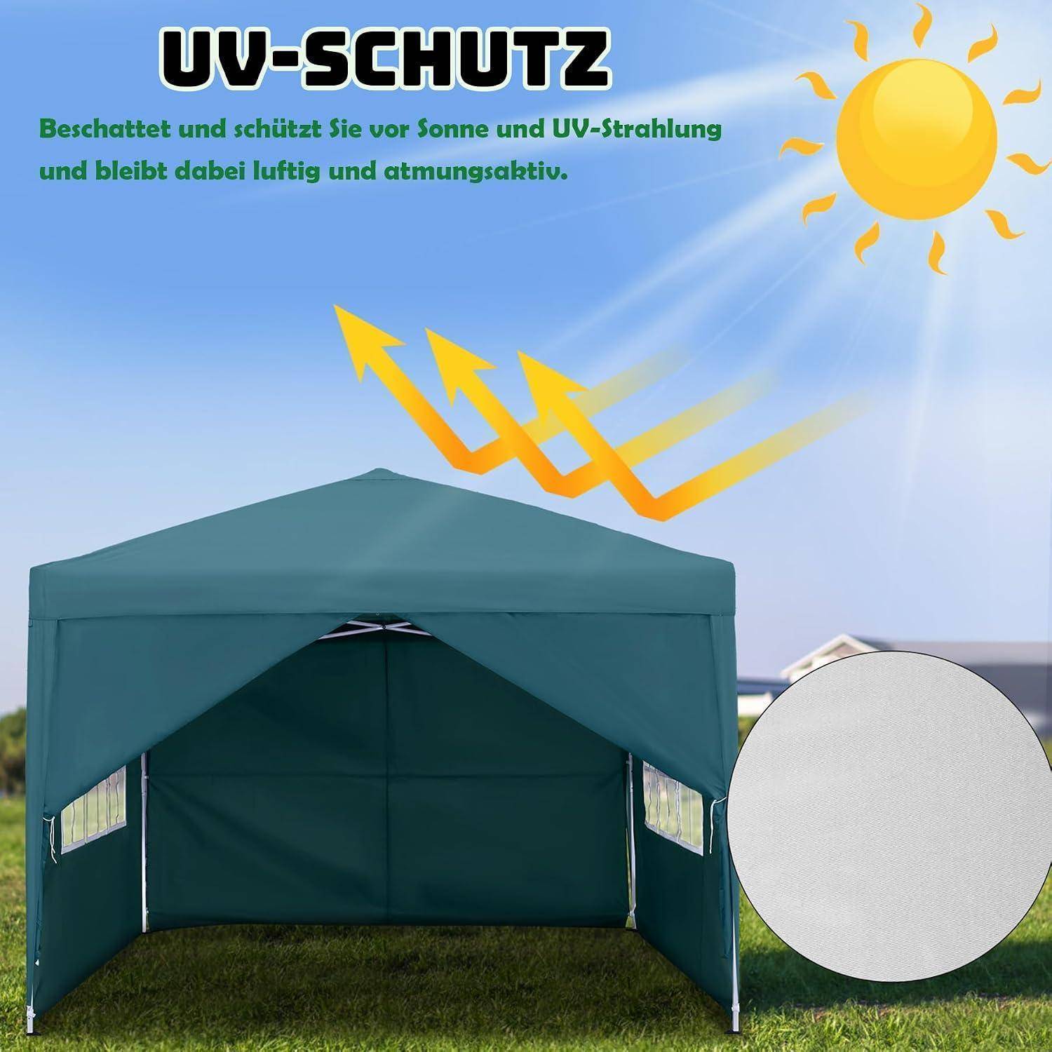 Grünes Pop-up-Zelt mit der Aufschrift „UV-SCHUTZ" und deutschem Text, der besagt, dass es vor Sonne und UV-Strahlung schützt und gleichzeitig atmungsaktiv bleibt; Sonne und Pfeile zeigen den UV-Schutz an.