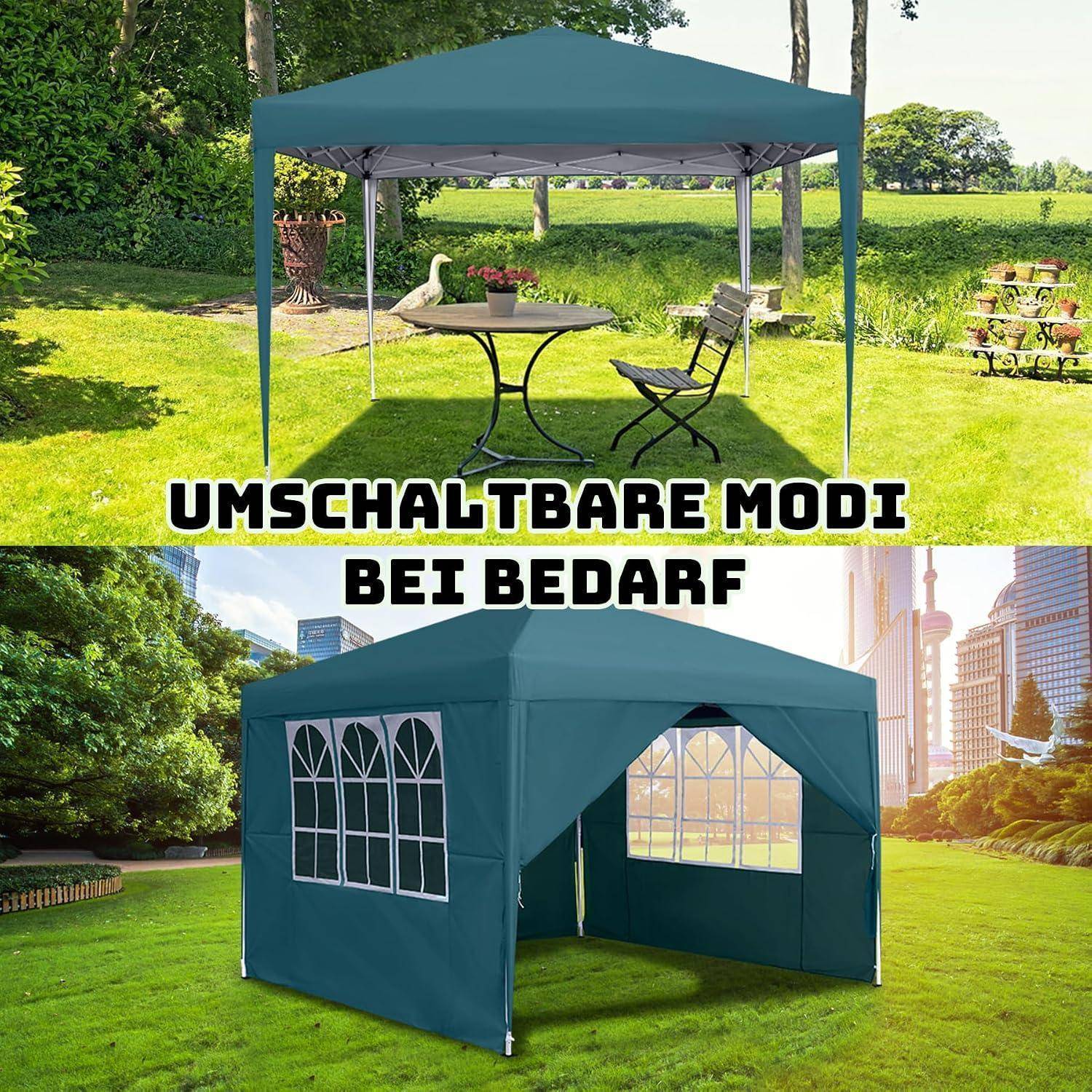 Zeltzelt in Tealfarbe mit ausklappbarem Baldachin, dargestellt in offener und geschlossener Form, mit deutschem Text „UMSCHALTBARER MODI BEI BEDARF", das die flexible Nutzung je nach Bedarf anzeigt.