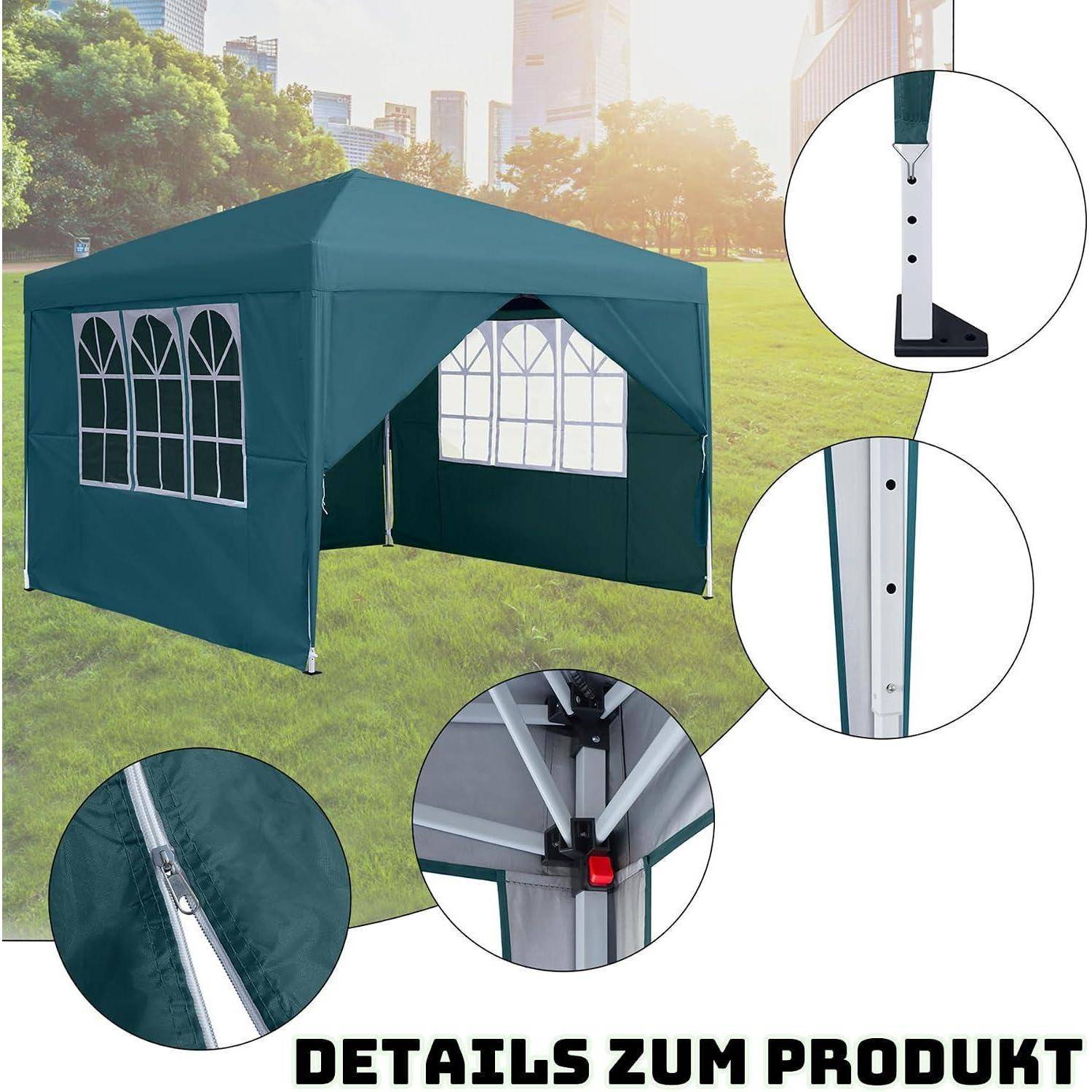 Grünes Outdoor-Pavillon-Zelt mit gewölbten Fenster-Seitenpanels, gezeigt mit Close-up-Detailansichten seines Metallrahmens, der Eckverbindung und der Reißverschlussnaht.