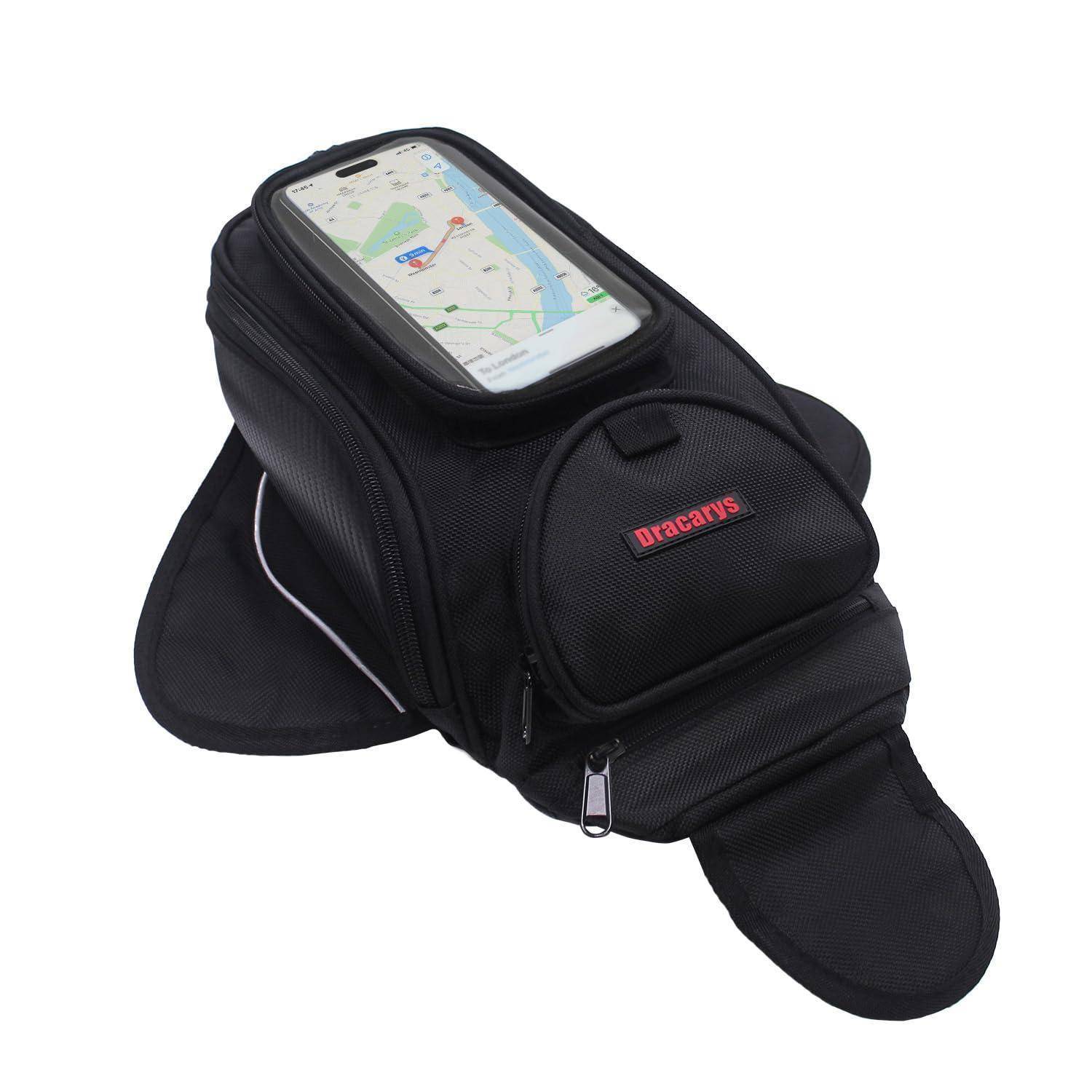 Schwarze Motorrad-Tanktas­che mit klarem oberen Smartphone-/Kartentaschenfach und verstellbaren Riemen, gezeigt auf weißem Hintergrund.