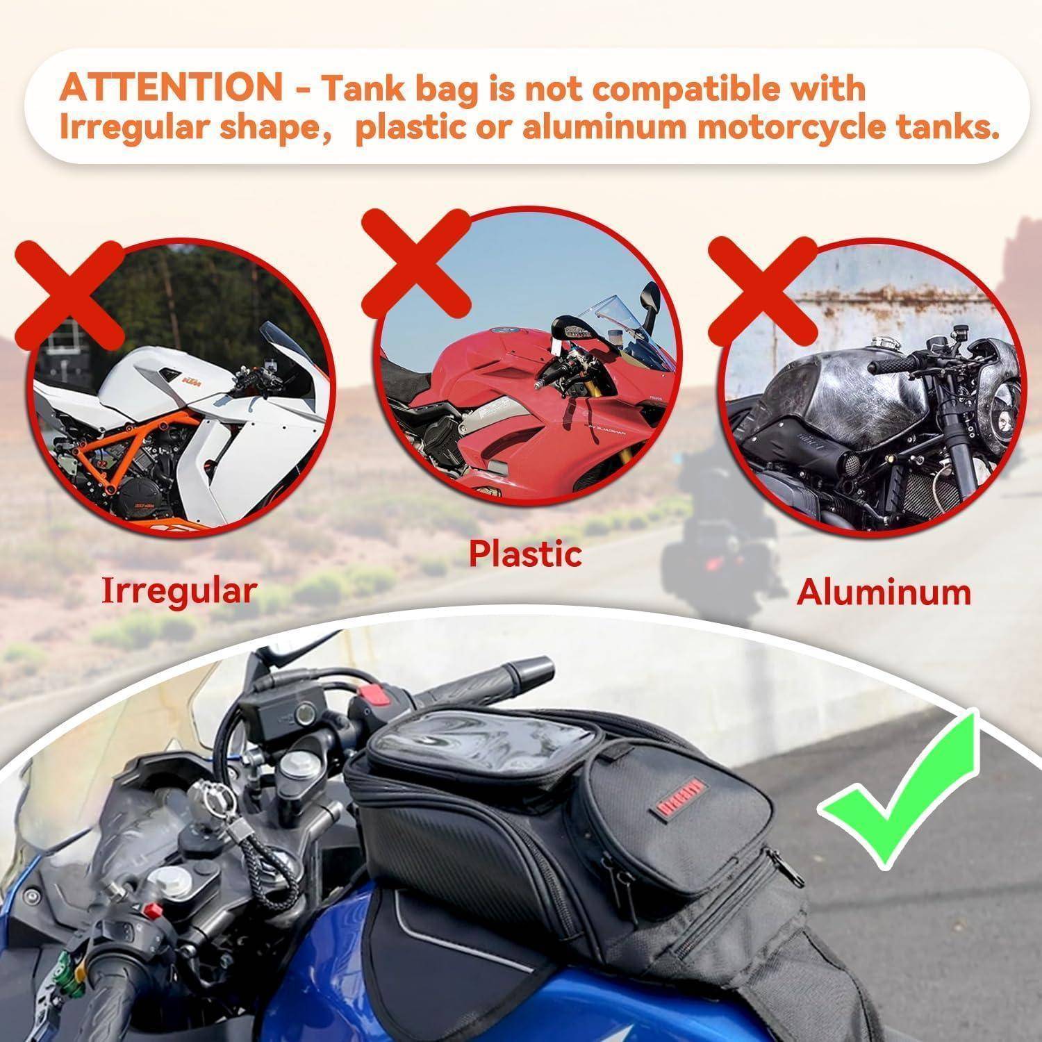 Warnung Grafik: Tankrucksack nicht kompatibel mit unregelmäßigen, Kunststoff- oder Aluminium-Motorradtanks; zeigt korrekte Passform auf einem Standard-Tank mit grünem Häkchen.