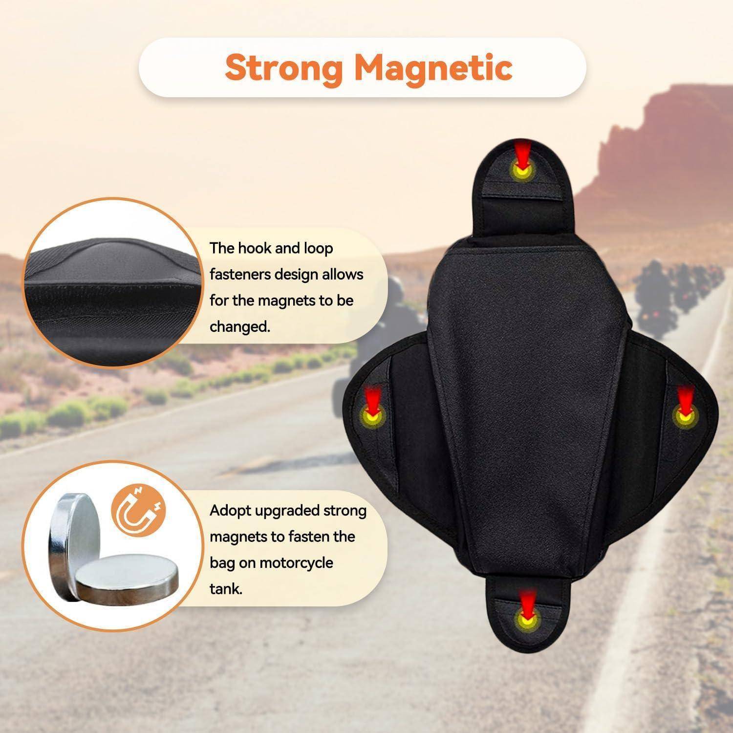 Schwarze Motorrad-Tanktas mit vier starken Magnethalterungen; eingefügte Textfeldern zeigen Klettverschlüsse und abnehmbare Magnete.