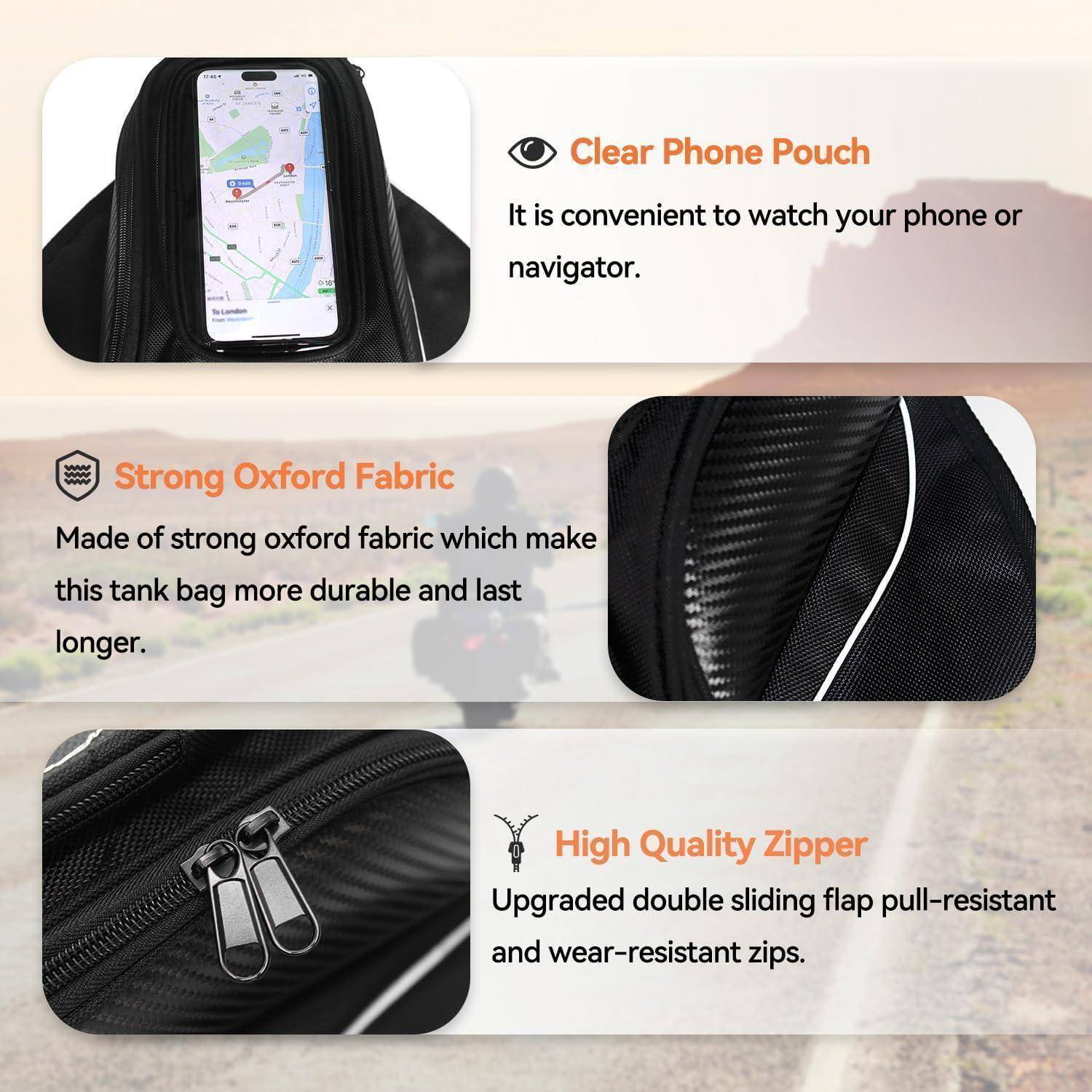 Werbegrafik mit den Funktionen einer Motorrad-Tanktas: durchsichtige Handyhülle, robustes Oxford-Gewebe und hochwertigem Reißverschluss.