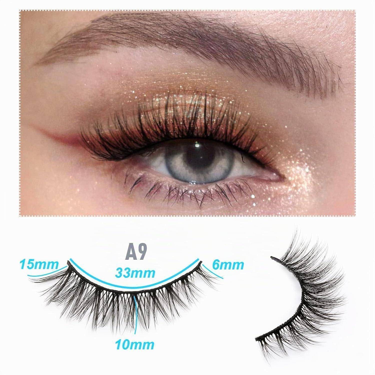 Nahaufnahme eines Auges mit dramatischen Wimpernverlängerungen; untere Grafik zeigt die Wimpernform und Längen mit den Bezeichnungen 15mm, 33mm, 6mm, 10mm und A9.