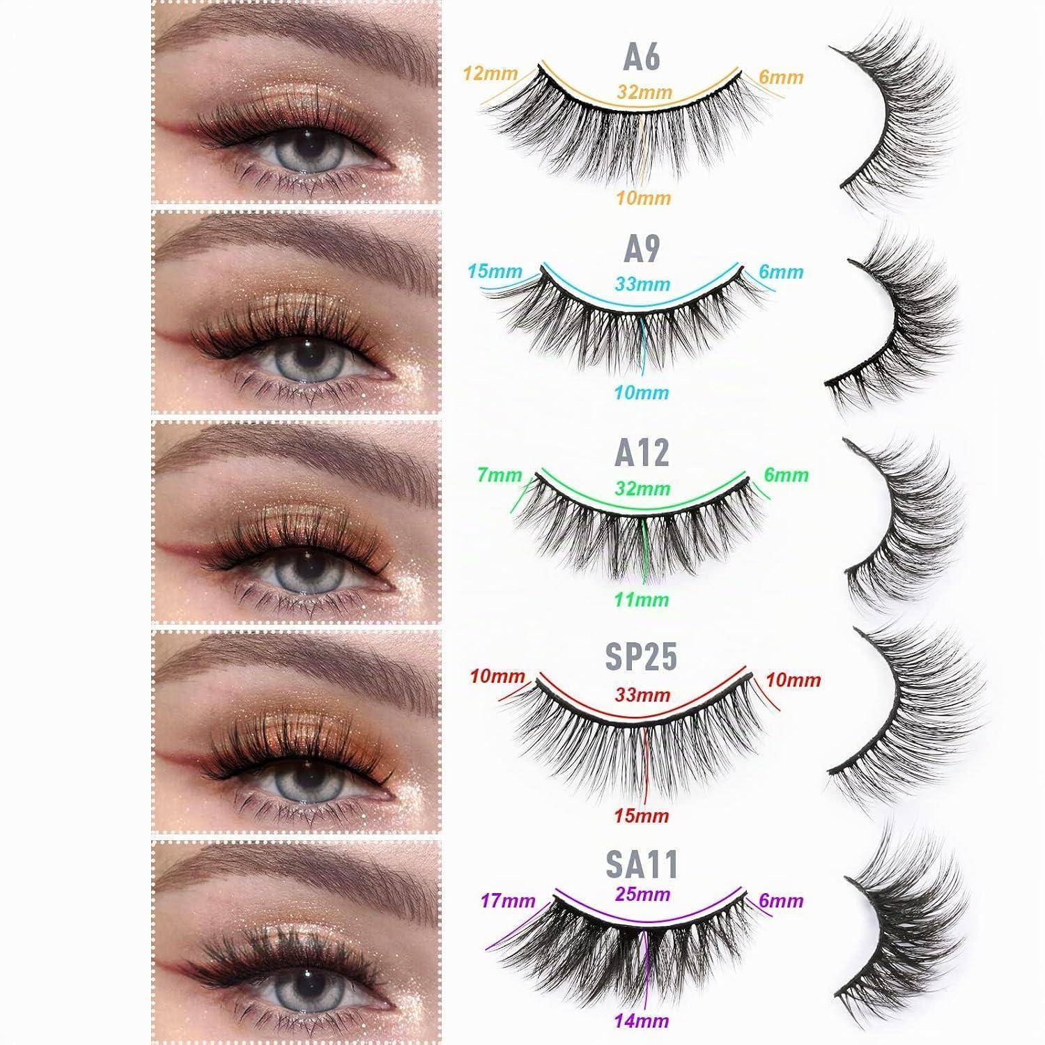 Kollage aus fünf Augenfotografien, die verschiedene Stile und Längen von künstlichen Wimpern zeigen, mit den Bezeichnungen A6, A9, A12, SP25 und SA11 mit Maßangaben in Millimetern.