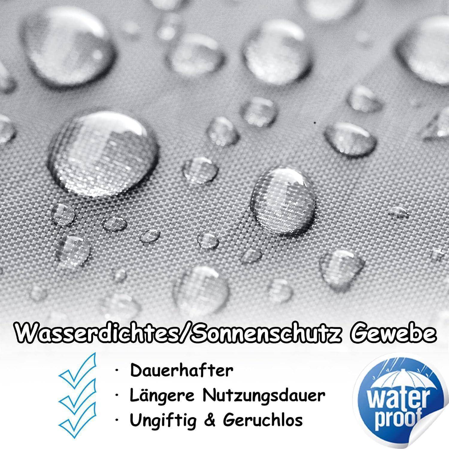 Nahaufnahme eines wasserdichten Sonnenschutzgewebes mit Wassertropfen; deutscher Text bewirbt langlebiges, länger haltbares, ungiftiges, geruchloses Material und ein wasserdichtes Siegel.