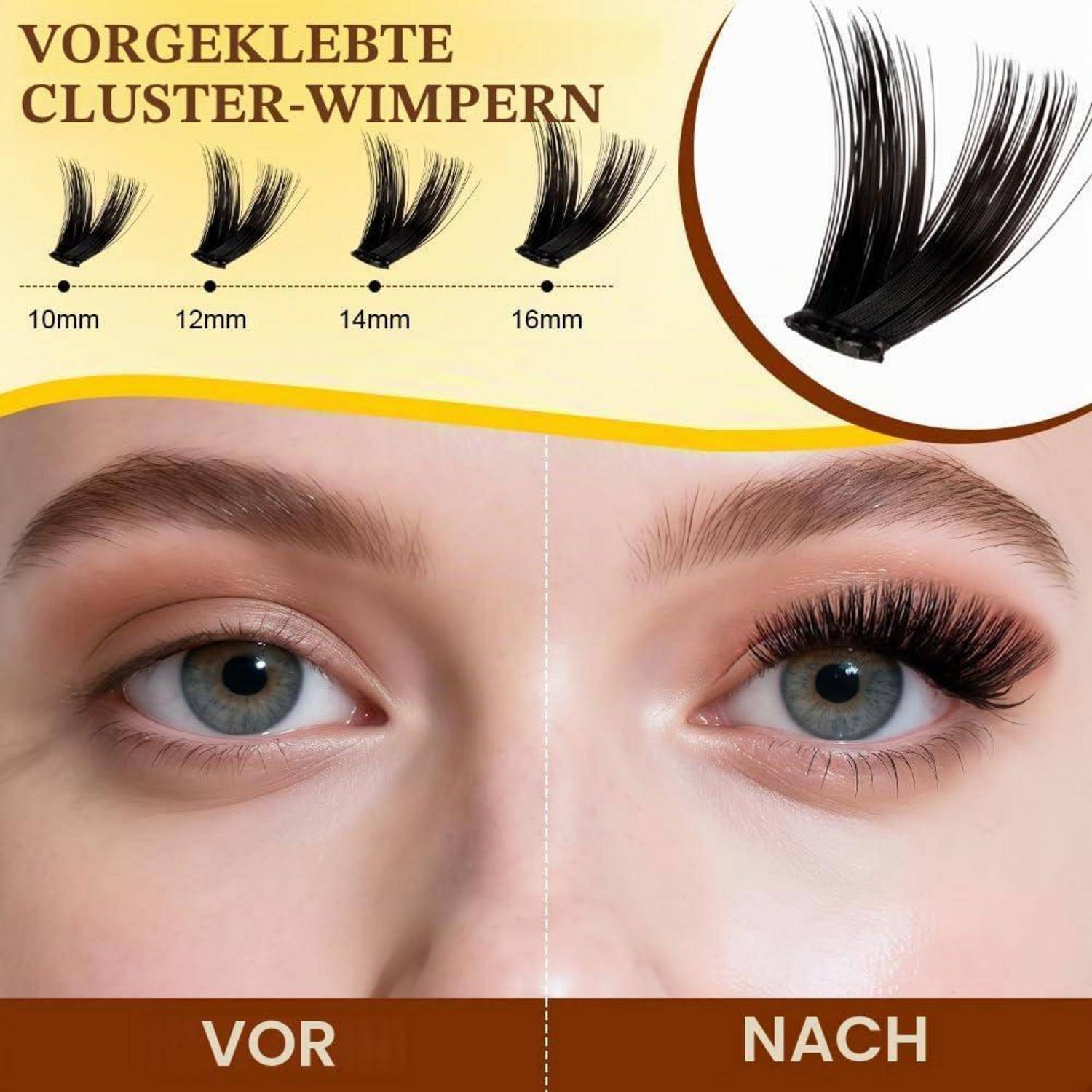 Vorher-und-nachher-Vergleich von kosmetischen Wimpern, der „VOR