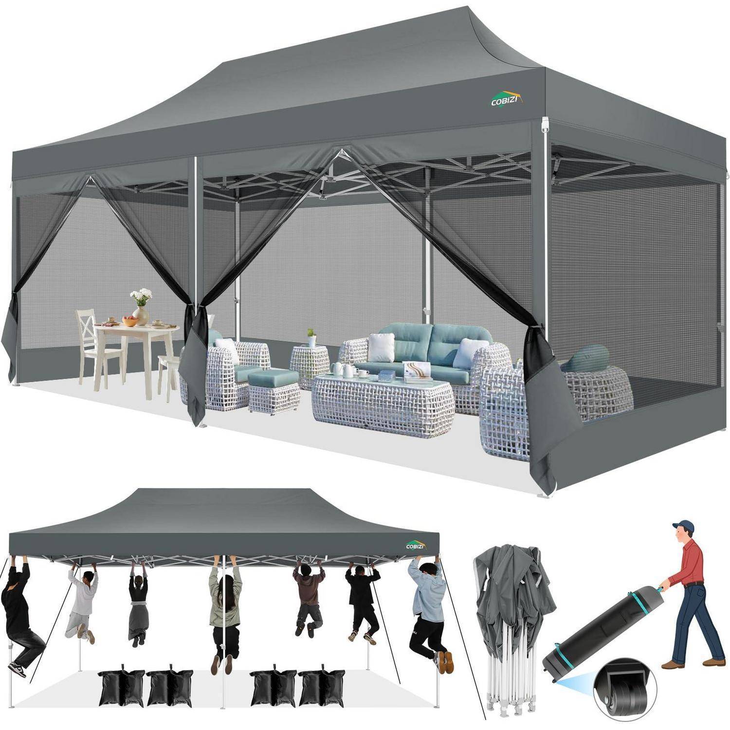 Grau ausklappbares Pop-Up-Baldachindach offen gezeigt mit Gartenpolstermöbeln im Inneren; untere Paneele zeigen Menschen beim Zusammenbau und bei der Lagerung in einer Tragetasche.