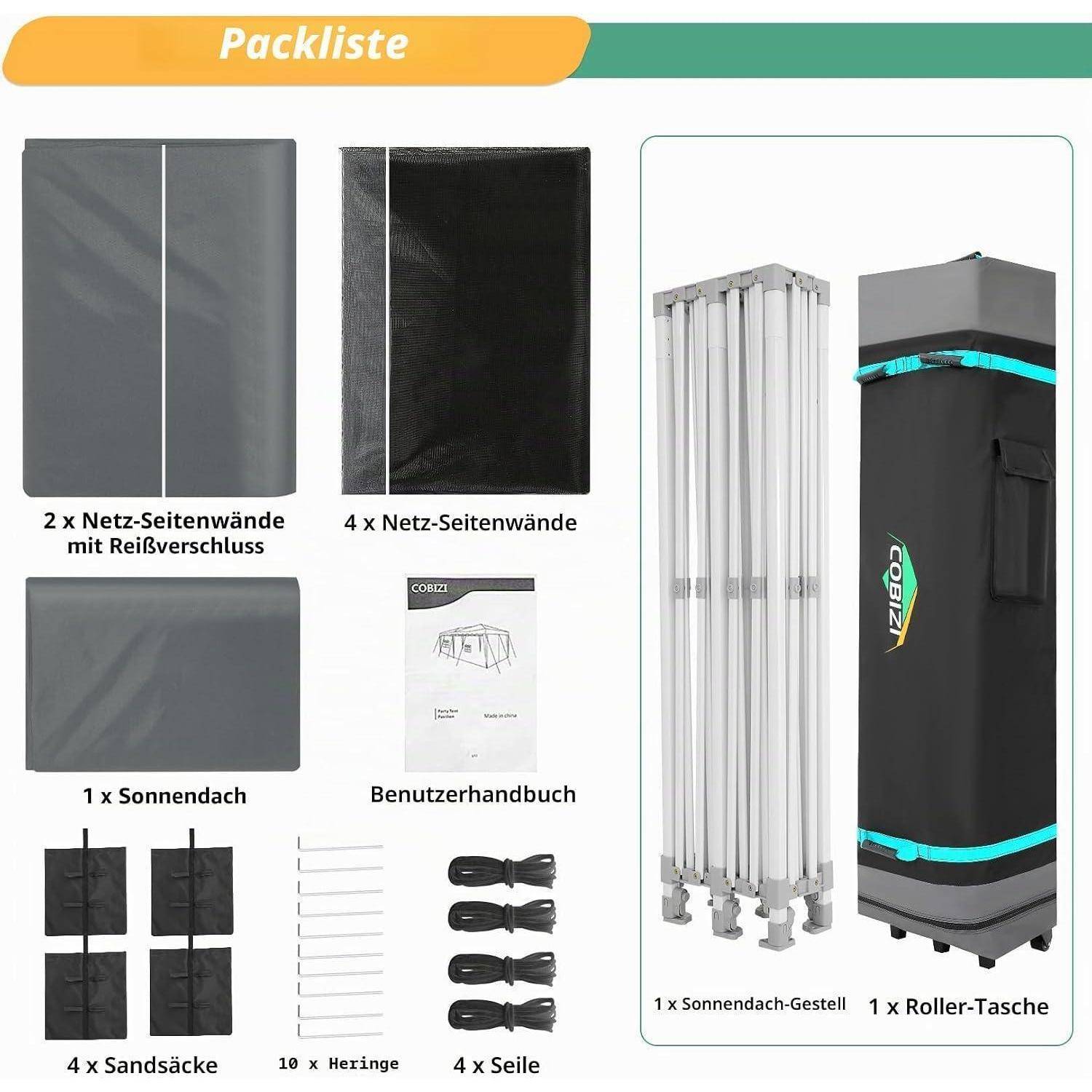 Packing list for a pop-up tent: mesh side walls with zipper, sun canopy, sand bags, tent pegs, ropes, user manual, sun canopy frame and roller bag.