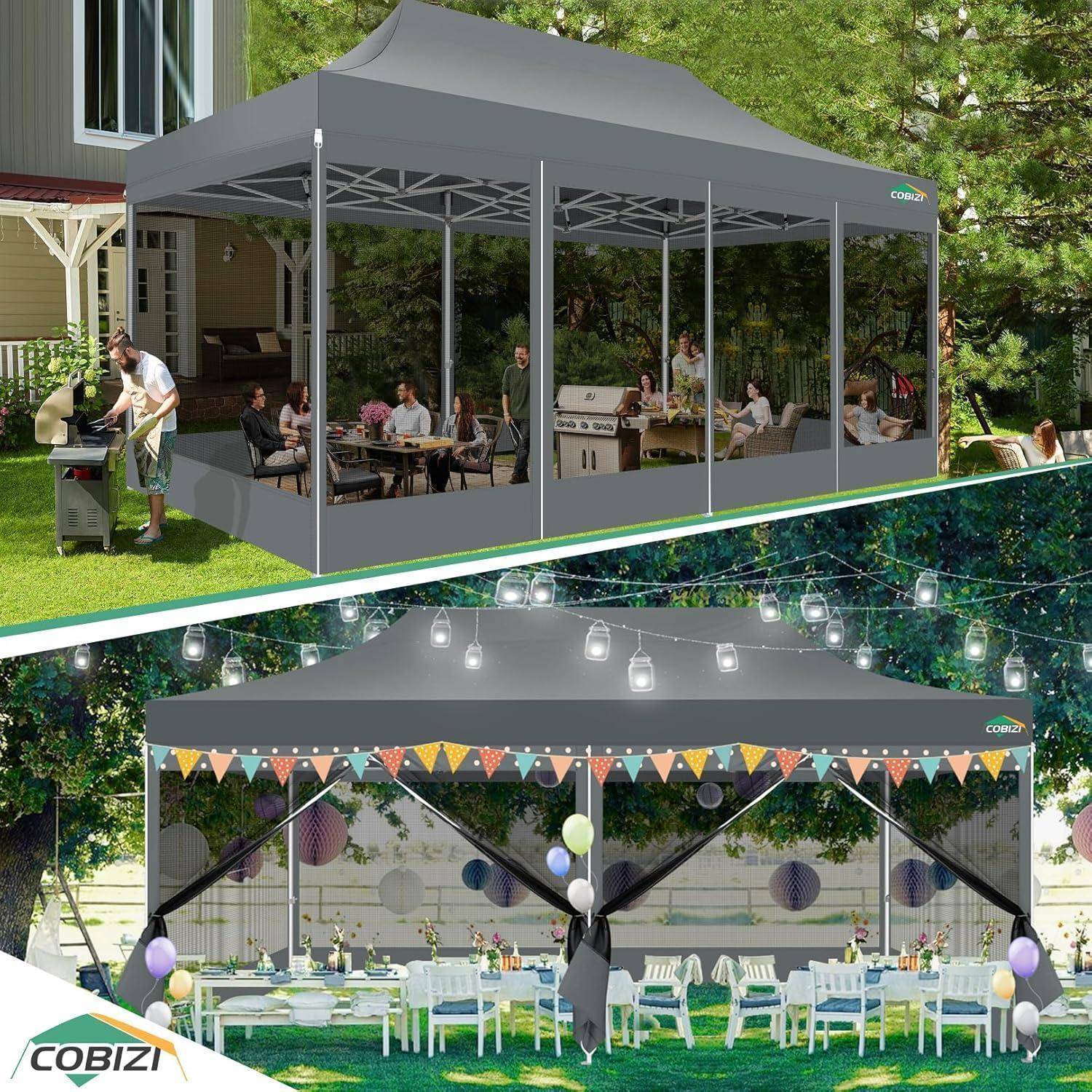 Zwei Ansichten eines grauen Pop-up-Veranstaltungszelts auf einer Wiese: eine mit Seitenwänden für Außenessen im Sitzen, die andere mit Wimpeln, Luftballons und Lichterketten für eine Party dekoriert.