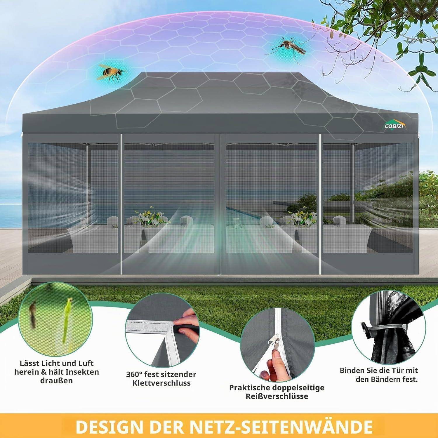 Illustration eines Netzüberdachungszelts mit insektenschützenden Seitenwänden auf einem Rasen, wobei folgende Merkmale gezeigt werden: Licht und Luft herein, hält Insekten fern, 360°-Reißverschluss, doppelseitige Reißverschlüsse und Abspannseile.