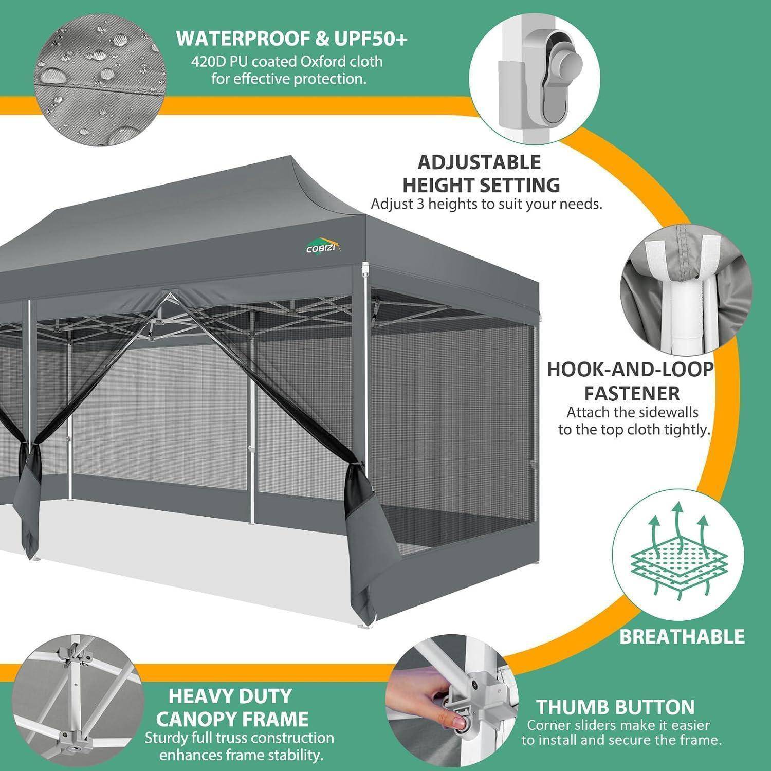 Infografik eines grauen strapazierfähigen Zelts mit Markierungen für die Funktionen: wasserdichter Stoff und UPF50+-Schutz, verstellbare Höhe, Klettverschlüsse, atmungsaktive Seitenwände und Rahmen mit Druckknopfverschluss.