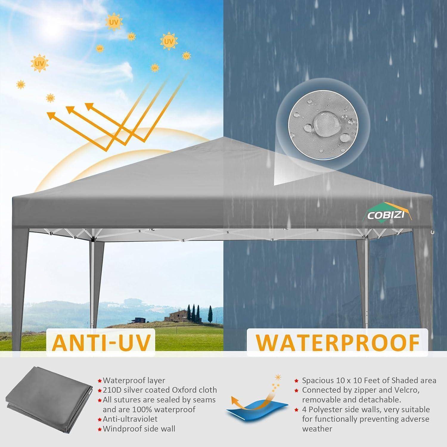 Graues Pop-Up-Baldachindach, das als UV-Schutz und wasserdicht dargestellt wird, mit UV-Strahlen, die auf der linken Seite blockiert werden, und Regen, der auf der rechten Seite abperlt; mit den Bezeichnungen „ANTI-UV" und „WASSERDICHT"".