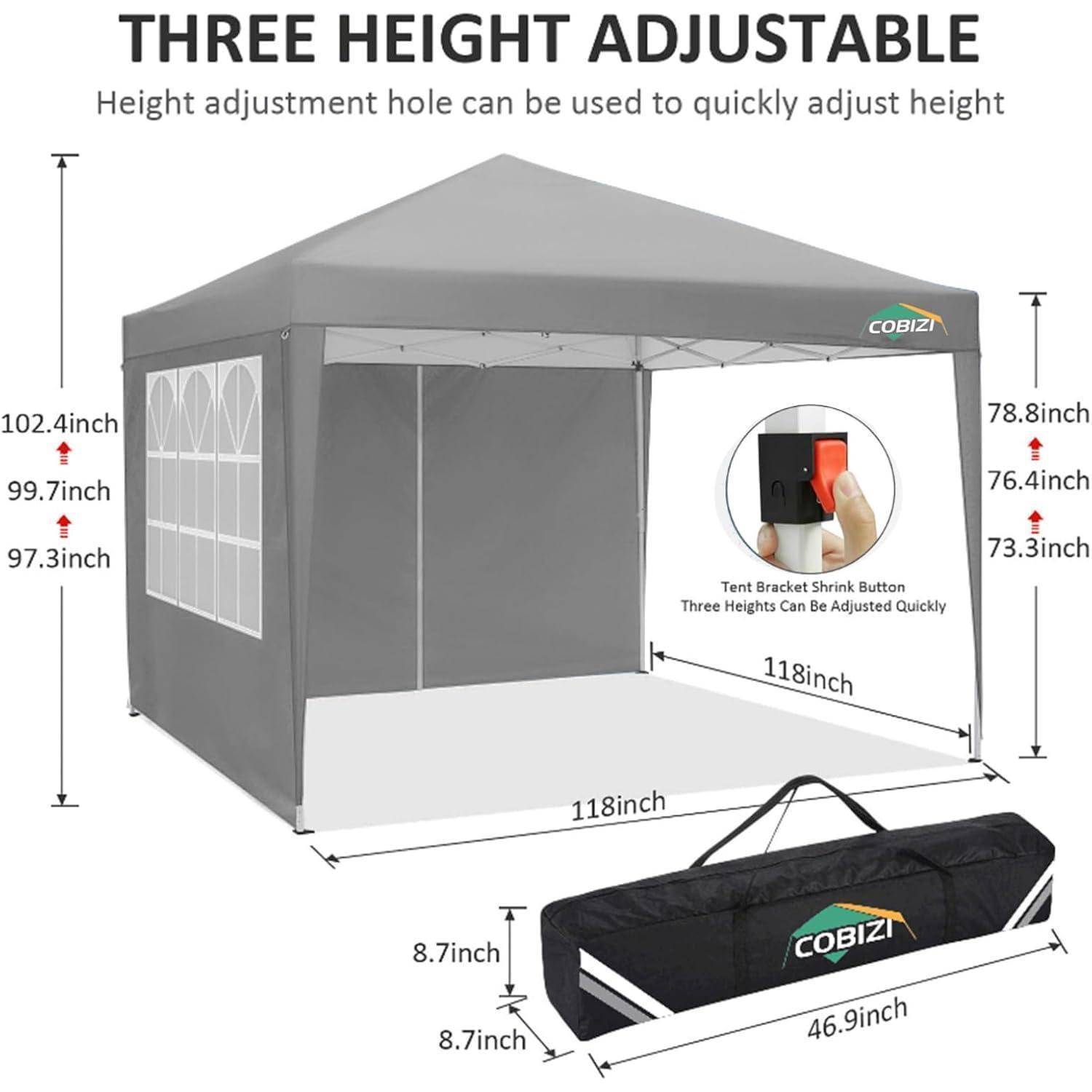 Produktdiagramm eines grauen Pop-up-Baldachins mit Funktion "DREI HÖHENVERSTELLBAR"", das verstellbare Höhen, eine Grundfläche von 118 Zoll, maximale Höhe von 78,8 Zoll und eine mitgelieferte Tragetasche zeigt.