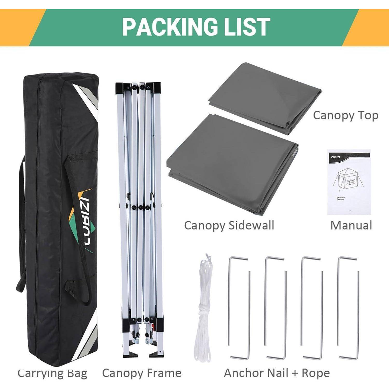 Packliste für Pavillon mit Tragetasche, Pavillonrahmen, Pavillondach, Pavillonseitenwand, Bedienungsanleitung und Ankernägel mit Seil.