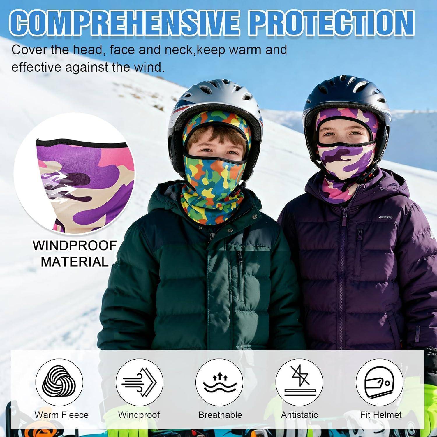 Kinder in Winterhelmen und Gesichtsmasken, die umfassenden Schutz fördern; der Text hebt winddichtes Material, Wärmeschutz, Atmungsaktivität, antistatischen Sitz des Helms und warmes Fleece hervor.
