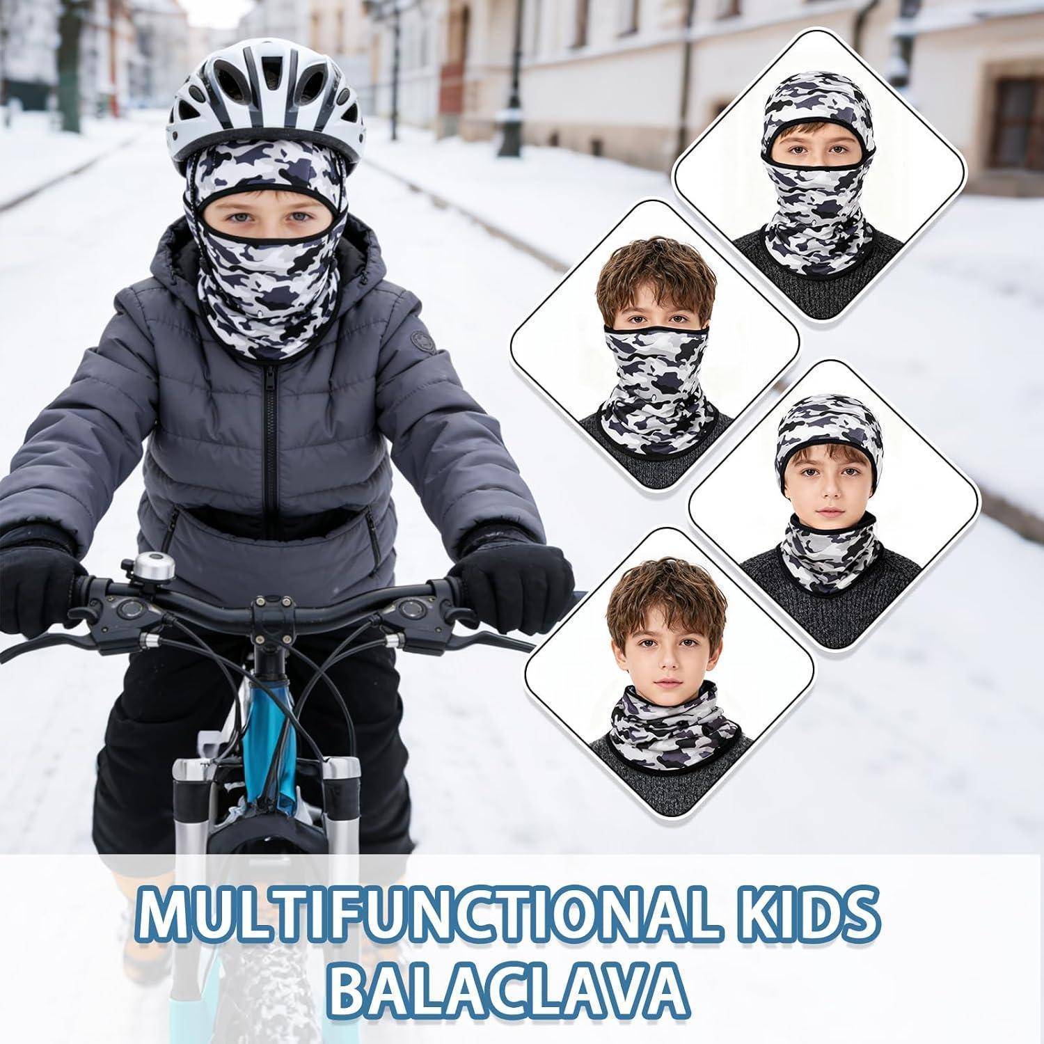 Kind mit Helm und Tarn-Sturmhaube fährt Fahrrad im Schnee, mit eingefügten Fotos, die die Sturmhaube in verschiedenen Trageweisen zeigen.