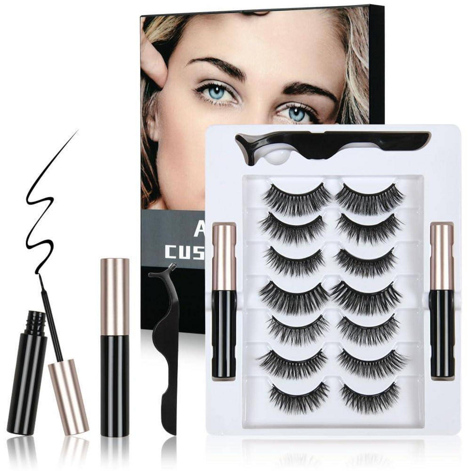 Falsches Wimpern-Set mit mehreren Wimpernpaaren, Applikator, Eyeliner und Behälter, shown in front of a model's eye packaging.