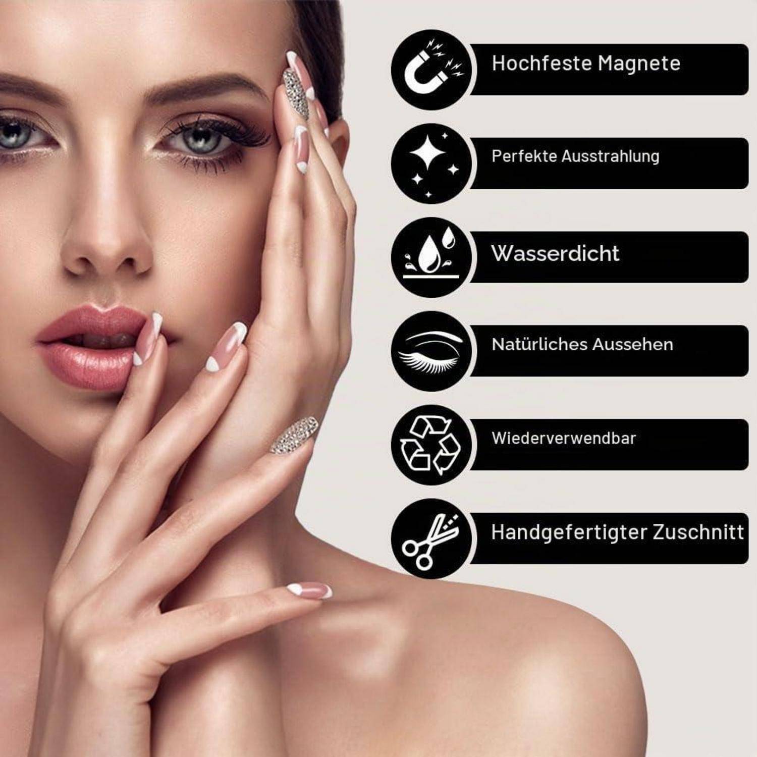Nahaufnahme einer Frau mit dramatischen künstlichen Wimpern und deutschen Funktionssymbolen, die aufgelistet sind: stärkste Magnete, perfekte Leuchtkraft, wasserfest, natürliches Aussehen, wiederverwendbar, maßgeschnitten.