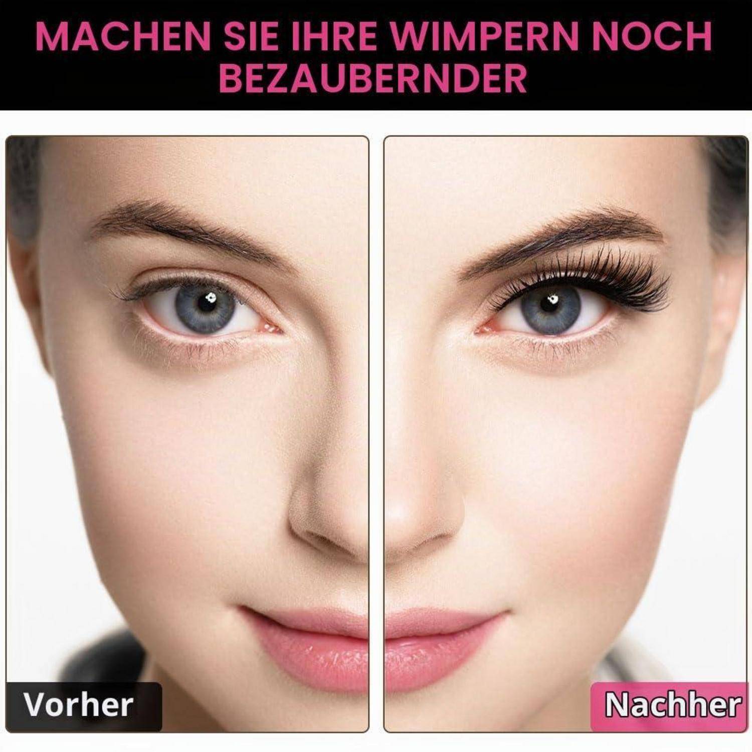 Vor-und-Nachher-Schönheitsanzeige, die das Gesicht einer Frau mit natürlichen Wimpern auf der linken Seite und längeren, volleren Wimpern auf der rechten Seite zeigt; der deutsche Text sagt „MACHEN SIE IHRE WIMPERN NOCH BEZAUBERNDER
