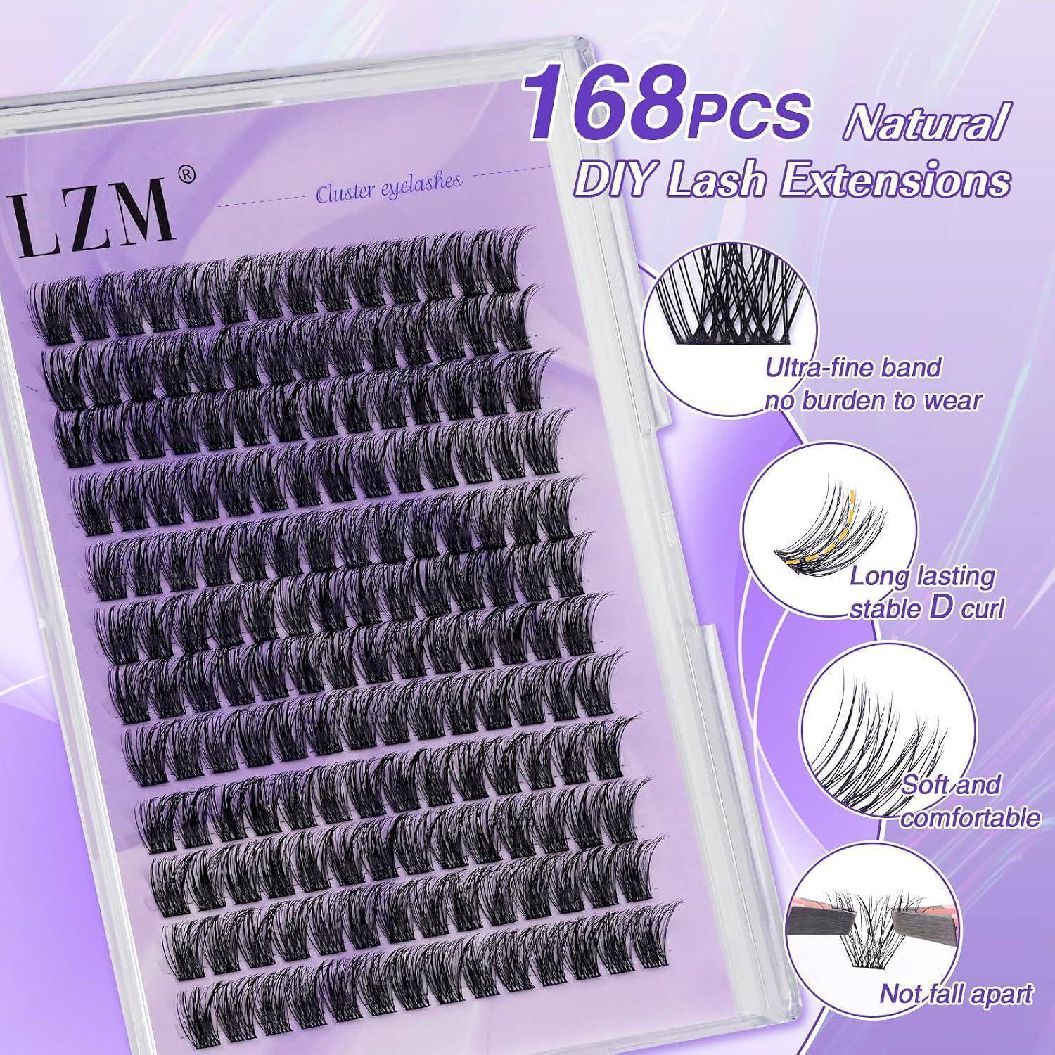 Paket mit LZM 168-teiligen natürlichen DIY-Wimpernverlängerungen, mit mehreren Falschenwimpernstreifen und Beschriftungen für ultrafeines Band, langlebige D-Wölbung, weiches Gefühl und bruchsicheres Design.