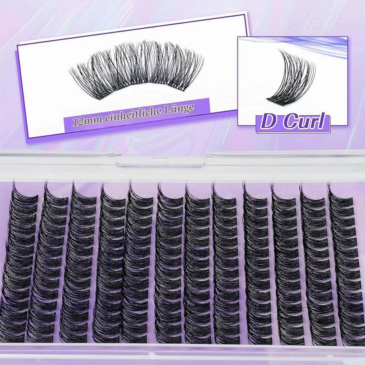 Produktbild von schwarzen künstlichen Wimpern in D-Curl, beschriftet mit „12mm einheitliche Länge