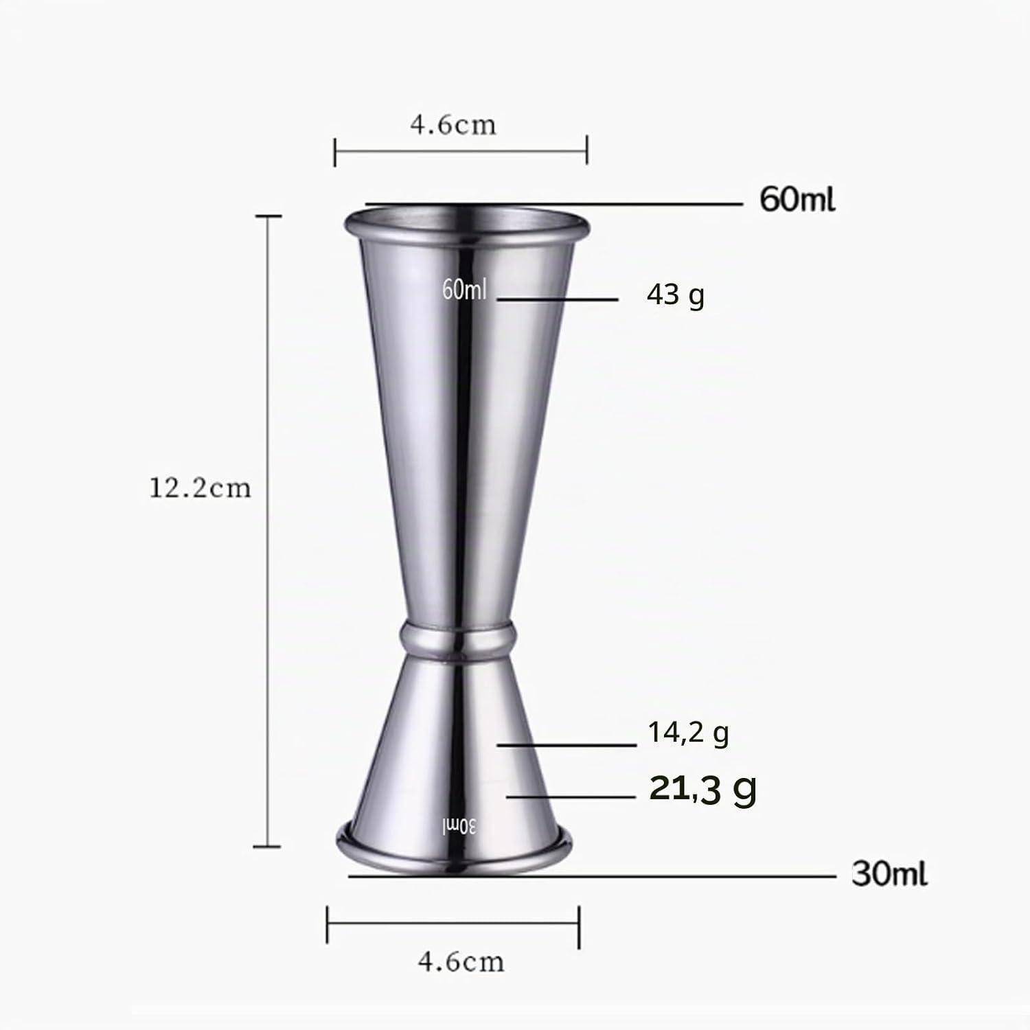 Dimensioniertes Bild eines silbernen zweiseitigen Metallmessbechers: 60 ml oben und 30 ml unten, 12,2 cm hoch, 4,6 cm breit, mit Gewichtsetiketten 43 g, 14,2 g und 21,3 g.