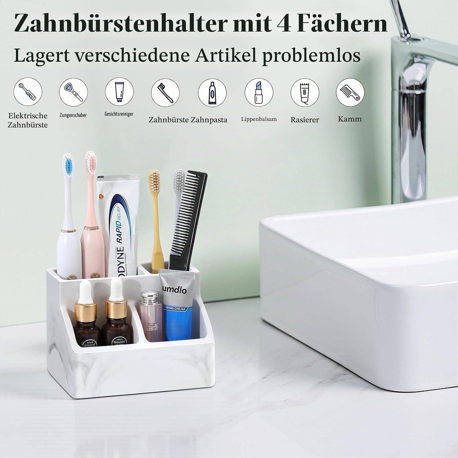Zahnbürstenhalter im Marmor-Look mit 4 Fächern zum Aufbewahren von Zahnbürsten, Kamm, Zahnpasta und Kosmetikartikeln neben einem Badezimmerbecken; deutscher Text wirbt für organisierte Aufbewahrung.