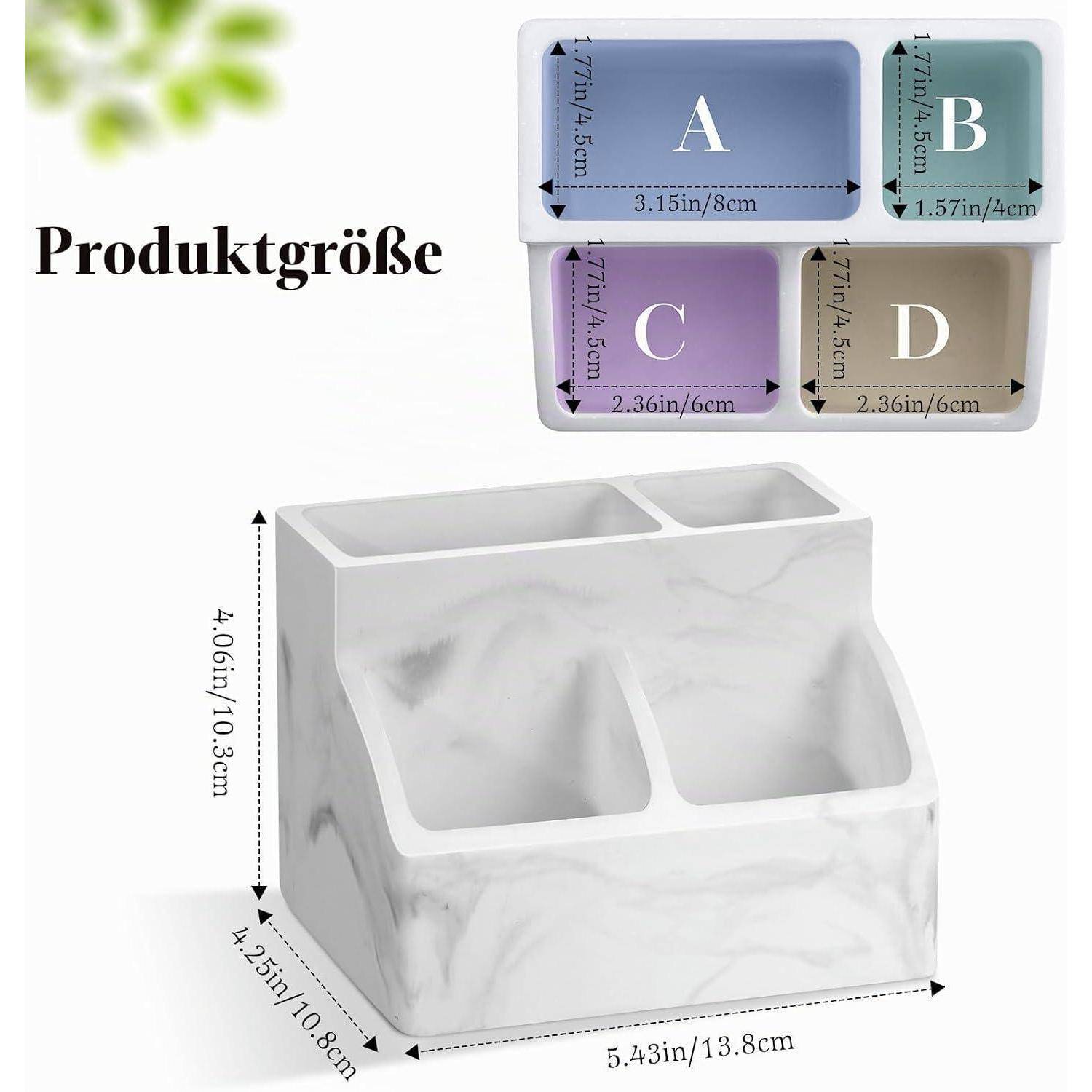 Größendiagramm für einen Organizer mit Marmoroptik mit vier Fächern, beschriftet mit A, B, C und D, mit Abmessungen in Zoll und Zentimetern.