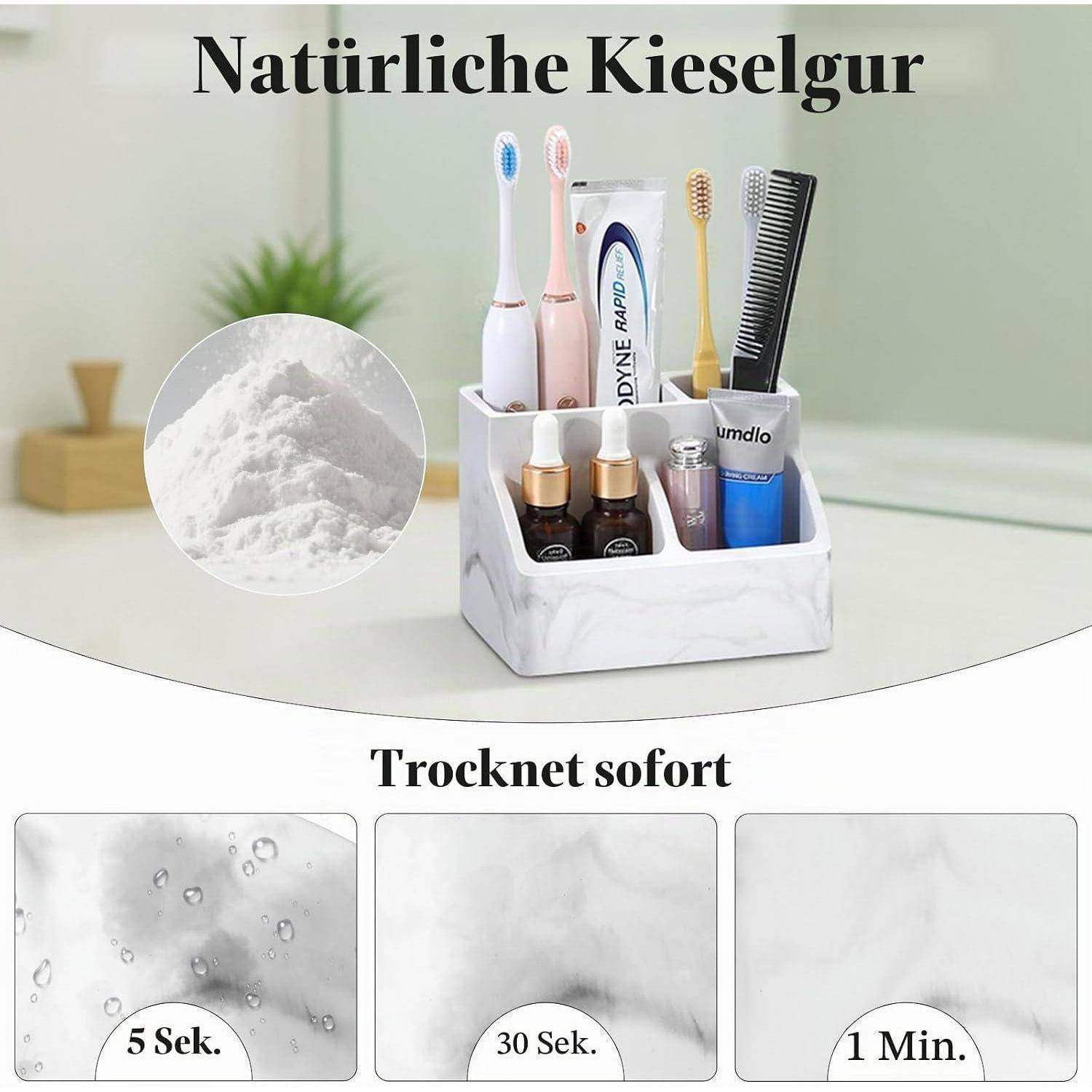 Werbegrafik für einen natürlichen Zahnpulver-Organizer, der Zahnbürsten, Zahnpasta, Kämme und Flaschen zeigt; der Text besagt „Natürliche Kieselgur