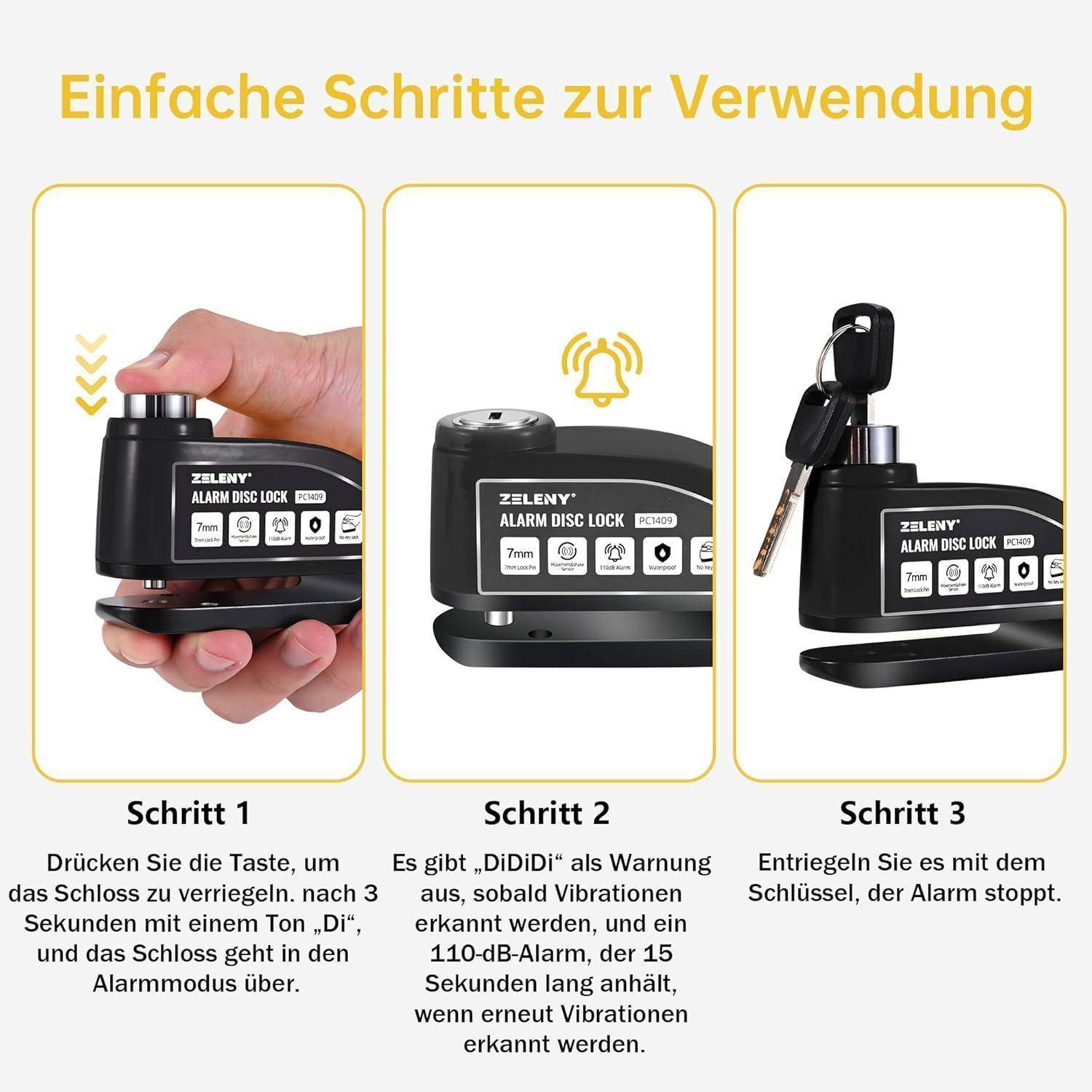 Bremsscheibenschloss Alarm 110db Motorrad Schloss, Motorradschloss Alarmanlage mit 1.5m Rückrufkabel und Schlosstasche, Scheibenbremsen Schloss für