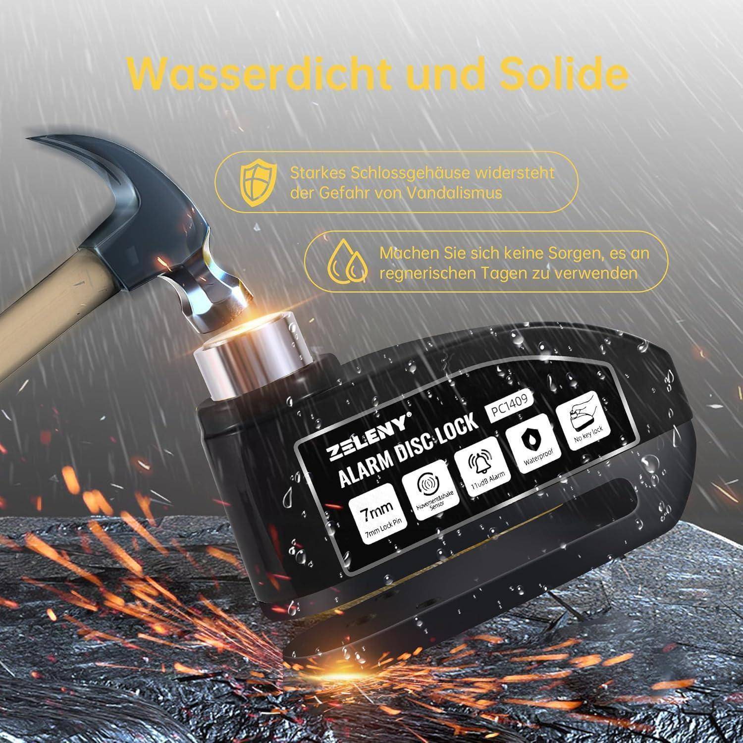 Wasserdichtes Vorhängeschloss-Angebot mit einem Hammer, der auf ein schwarzes „ZILENY ALARM DISC LOCK