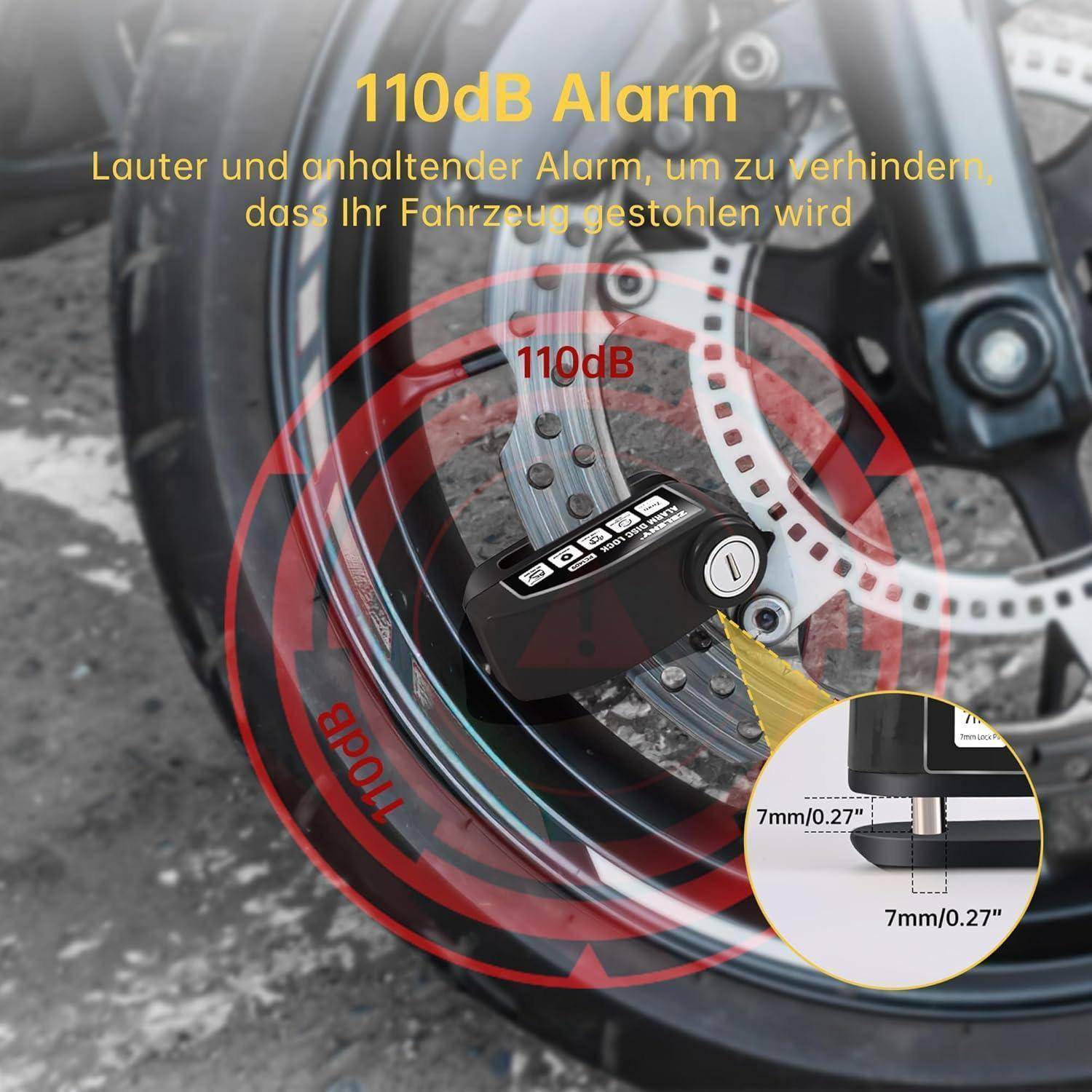 110dB Fahrradschloss-Alarm am Motorrad-Rad befestigt, dargestellt mit roten Schallwellen und einer Einschubansicht, die die Installationsgröße von 7mm anzeigt.