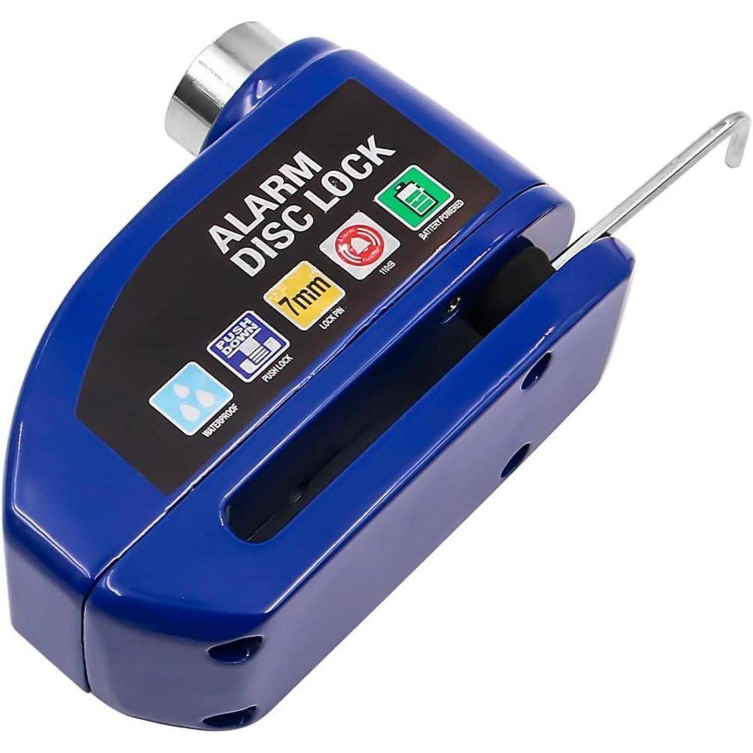 Blauer Alarm-Scheibenbremsenschloss mit metallischem Verriegelungsstift, gekennzeichnet zur Anti-Diebstahl-Nutzung für Motorräder.