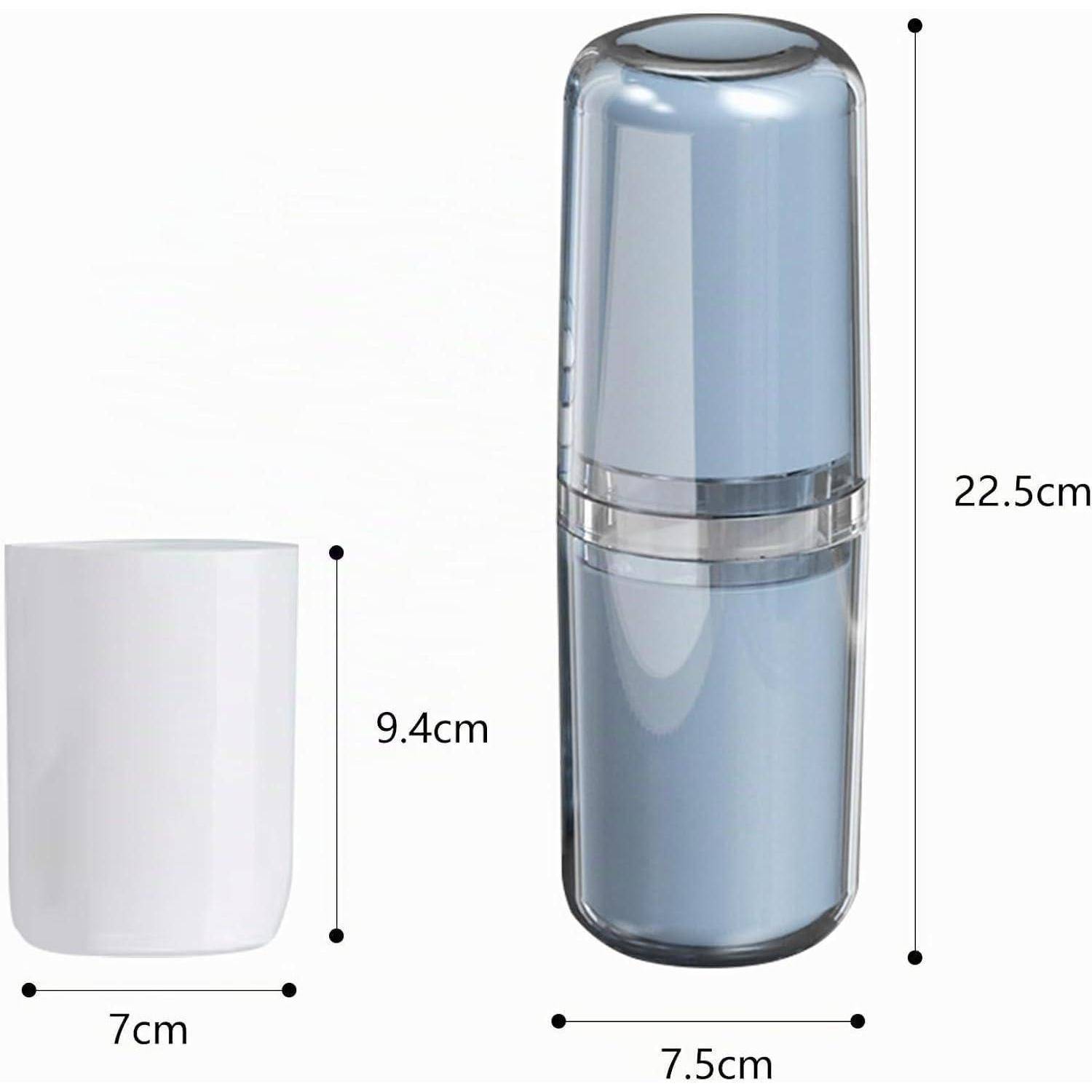 Produktabmessungen dargestellt: Eine zylindrische Flasche mit Verschluss, 22,5 cm hoch und 7,5 cm breit, plus ein separater becherartiger Behälter mit einer Höhe von 9,4 cm und einer Breite von 7 cm.