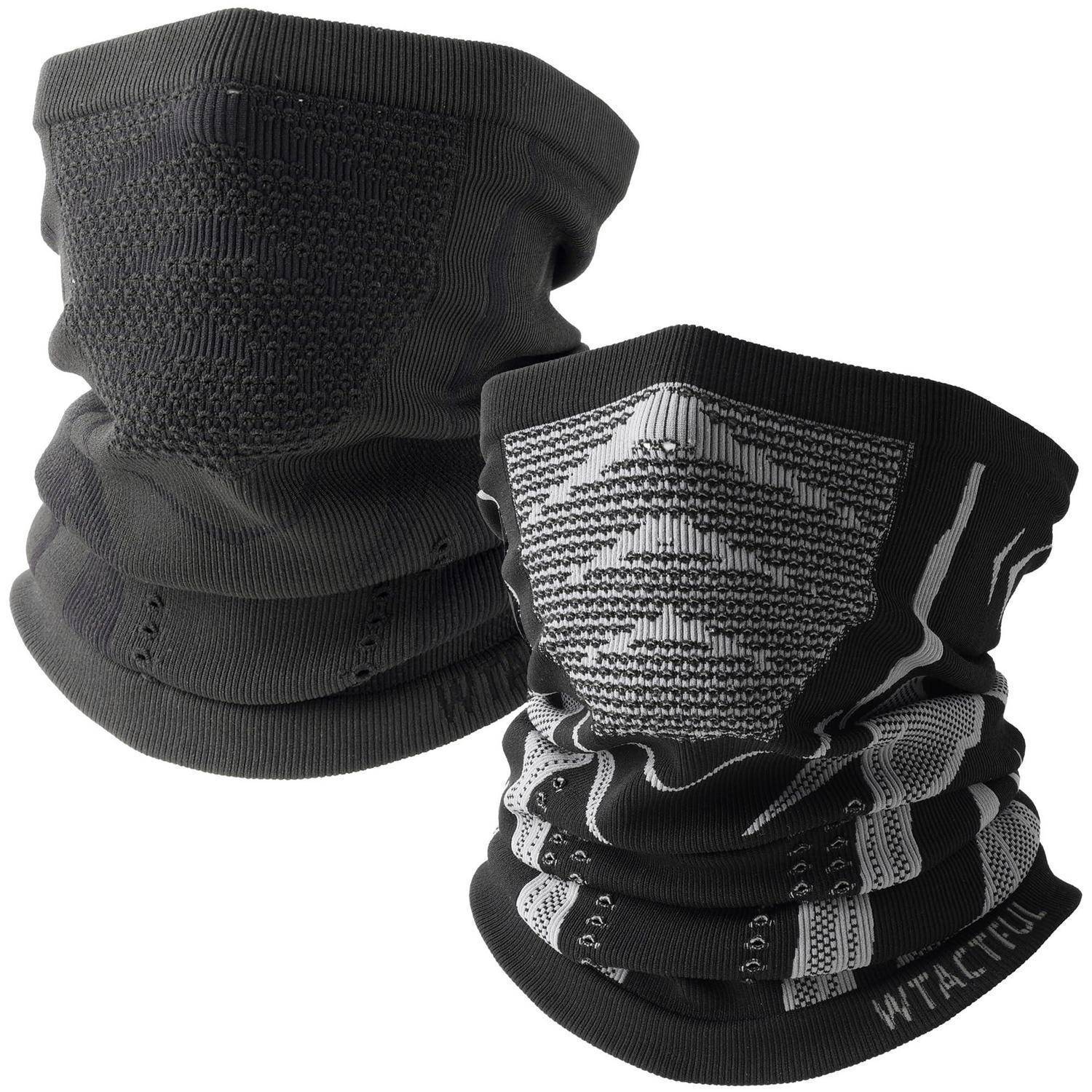 Zwei schwarze Halsgaiters oder Gesichtsbedeckungen, eine schlicht und eine mit weißem geometrischen Muster und „WTACTFUL