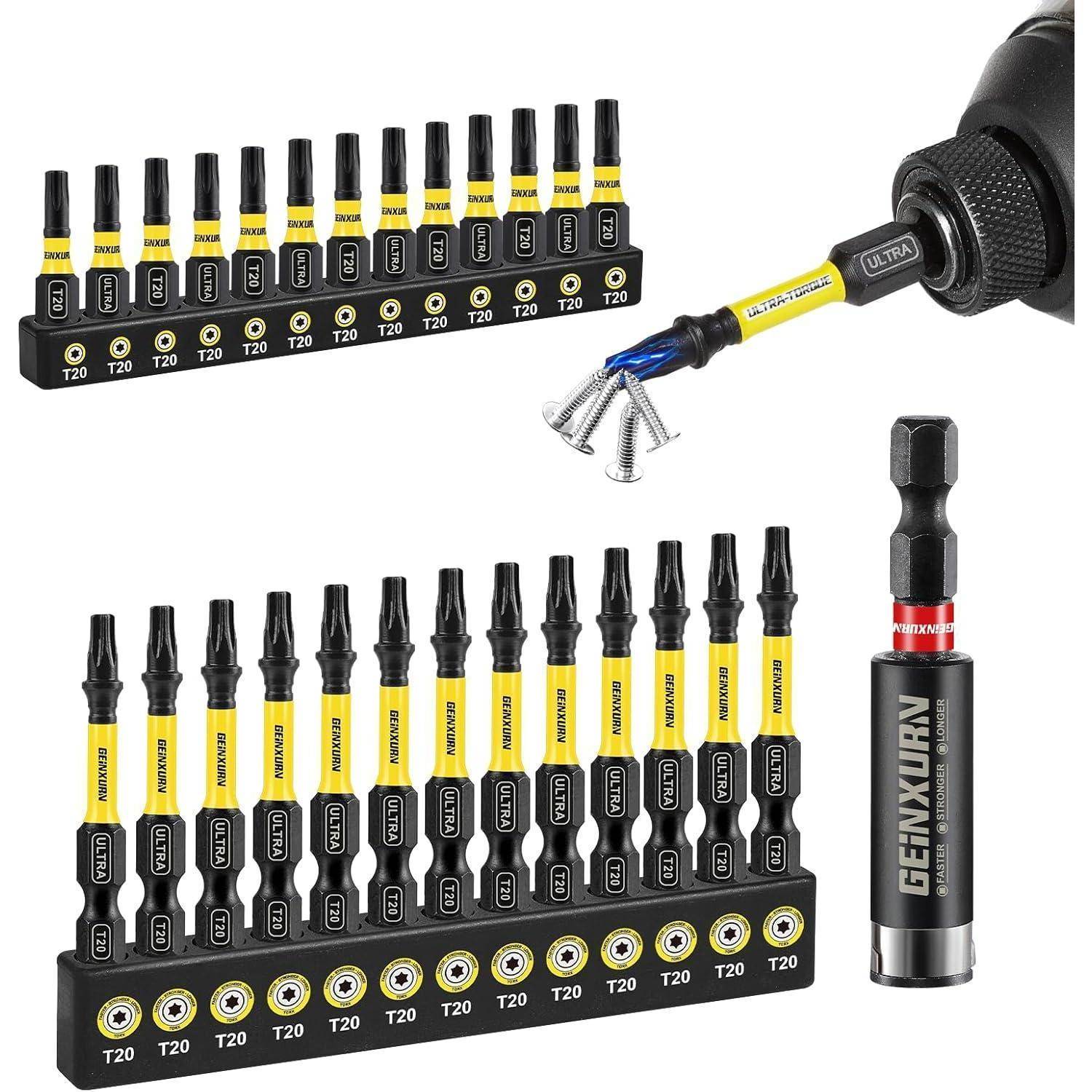 Satz von schwarz-gelben Torx-Schraubendreherbits in organisierten Haltern, mit einem Verlängerungsbit, das an einem Bohrer befestigt ist, und einem separaten magnetischen GENXUAN-Bithälter auf der rechten Seite.
